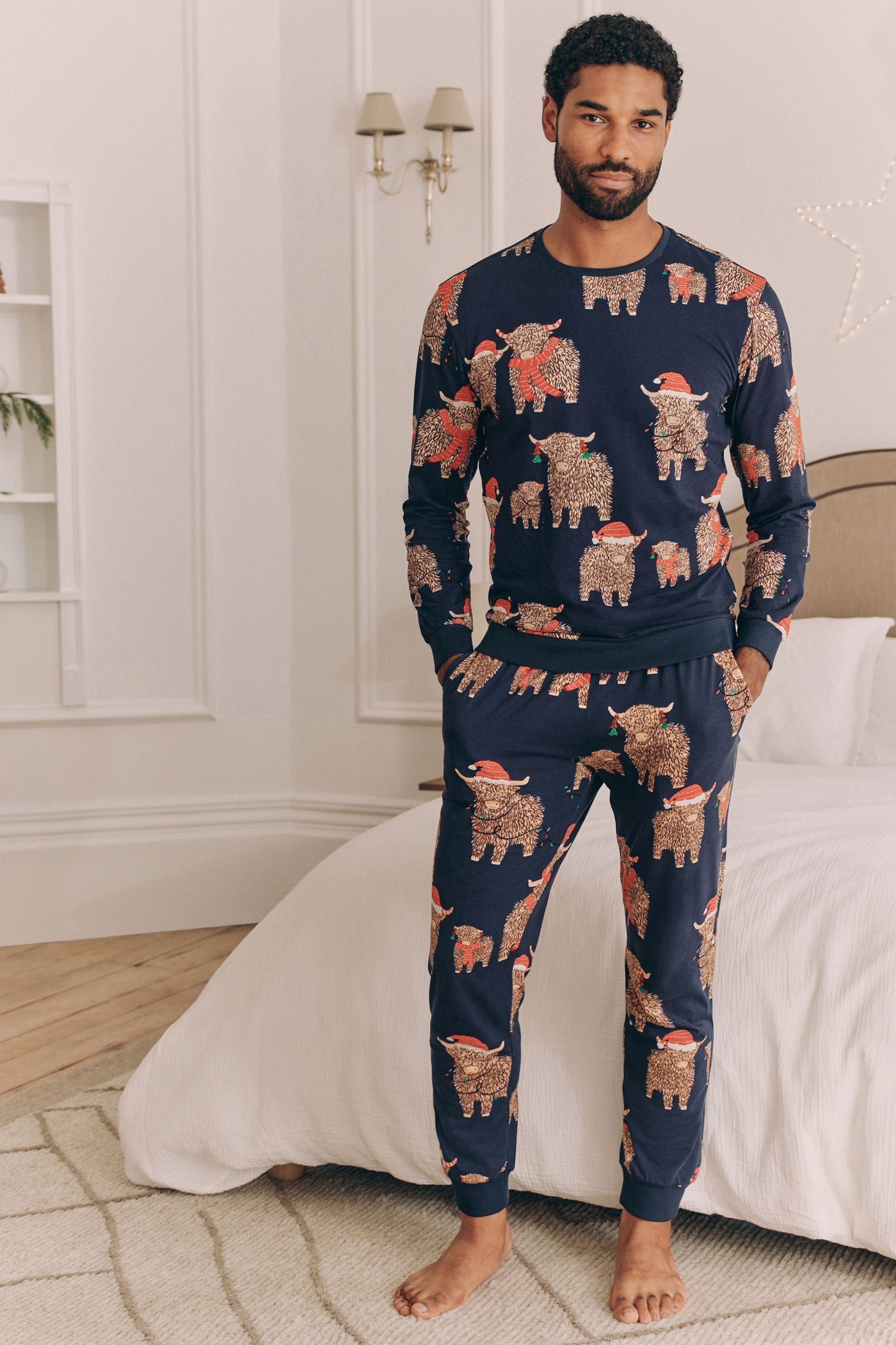 Navy Blue Mens Matching Family Christmas Hamish The Highland Cow Pyjamas