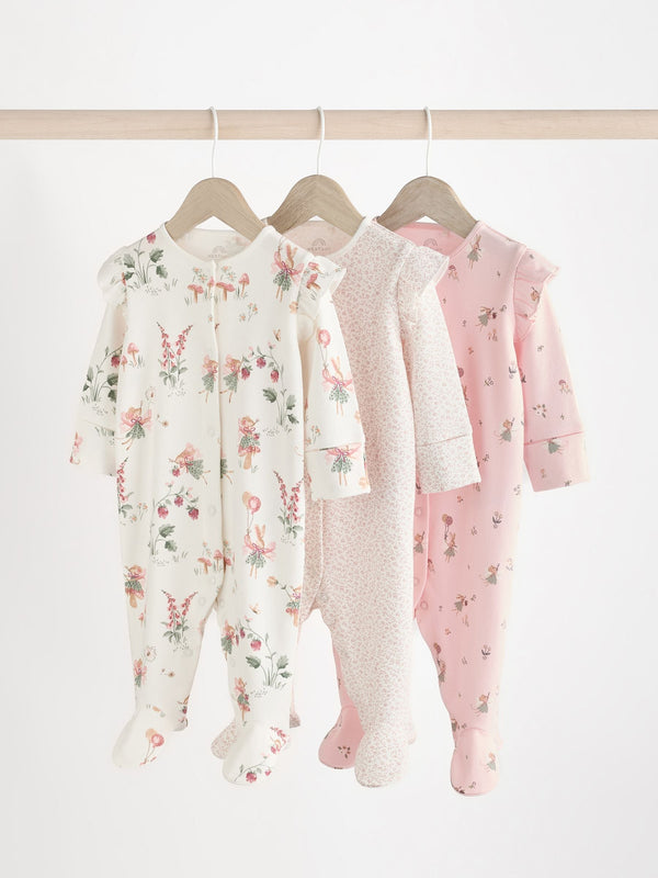 Pink 3 Pack 100% Cotton Two Way Zip Baby Sleepsuits