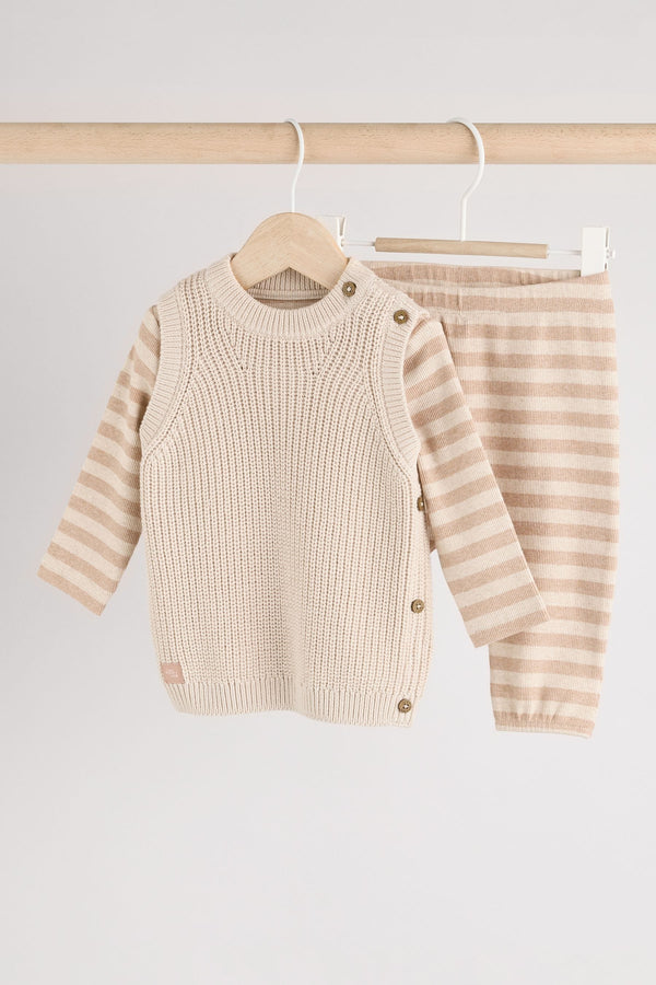 Neutral Stripe Baby Knit 100% Cotton Vest Set 3 Piece (0mths-2yrs)