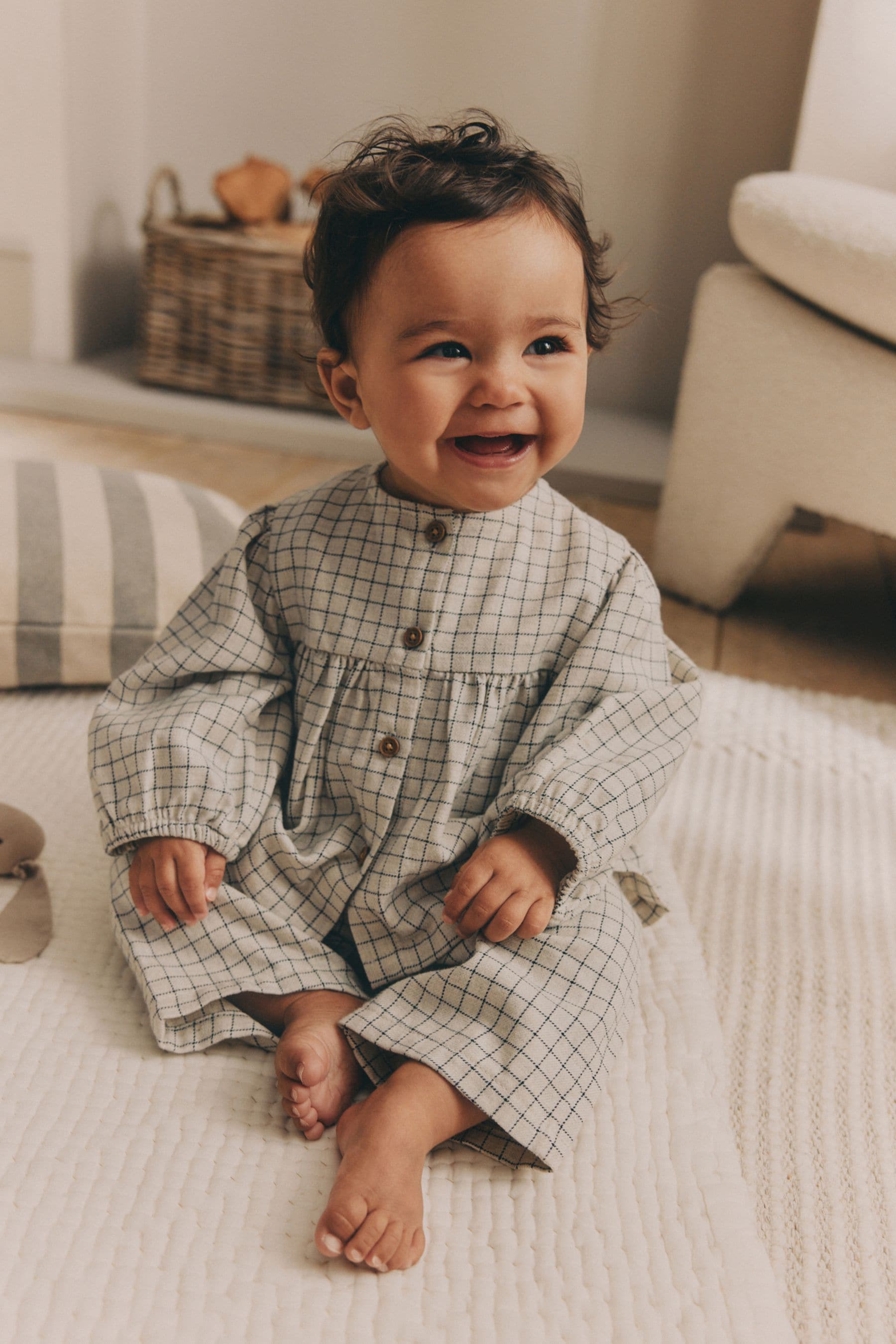 White Grid Print Woven Long Sleeve Top and Wide Leg Trousers Set (0mths-2yrs)