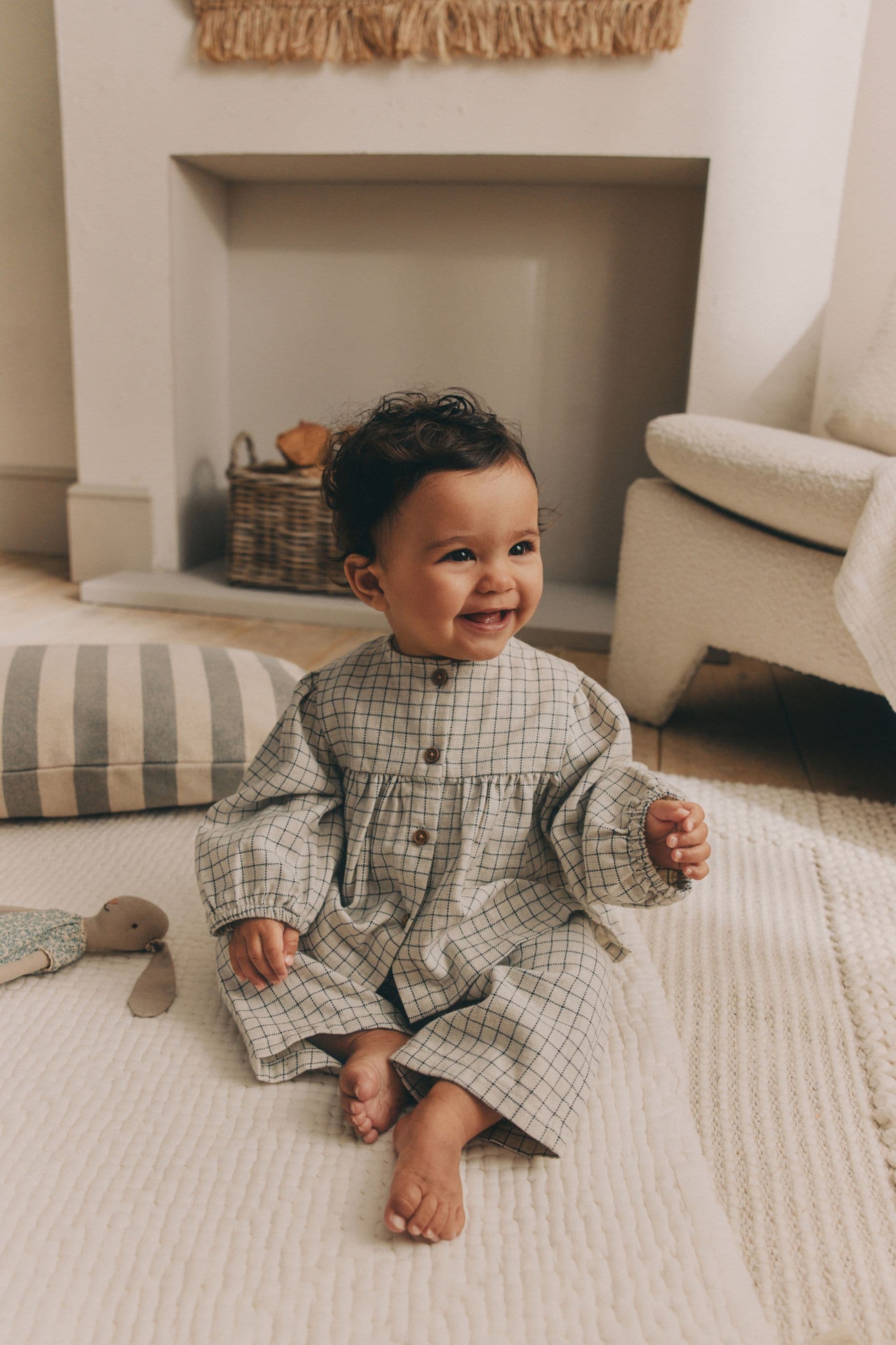 White Grid Print Woven Long Sleeve Top and Wide Leg Trousers Set (0mths-2yrs)