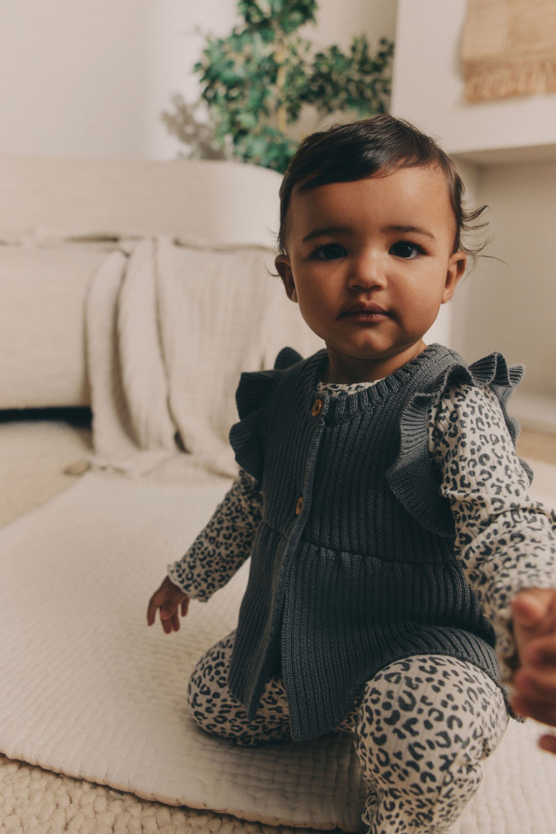 Grey Leopard Print Baby Long Sleeve Top, Knitted Waistcoat & Leggings 3 Piece Set (0mths-2yrs)