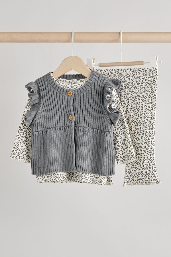 Grey Leopard Print Baby 100% Cotton Long Sleeve Top Knitted Waistcoat and Leggings Set 3 Piece (0mths-2yrs)