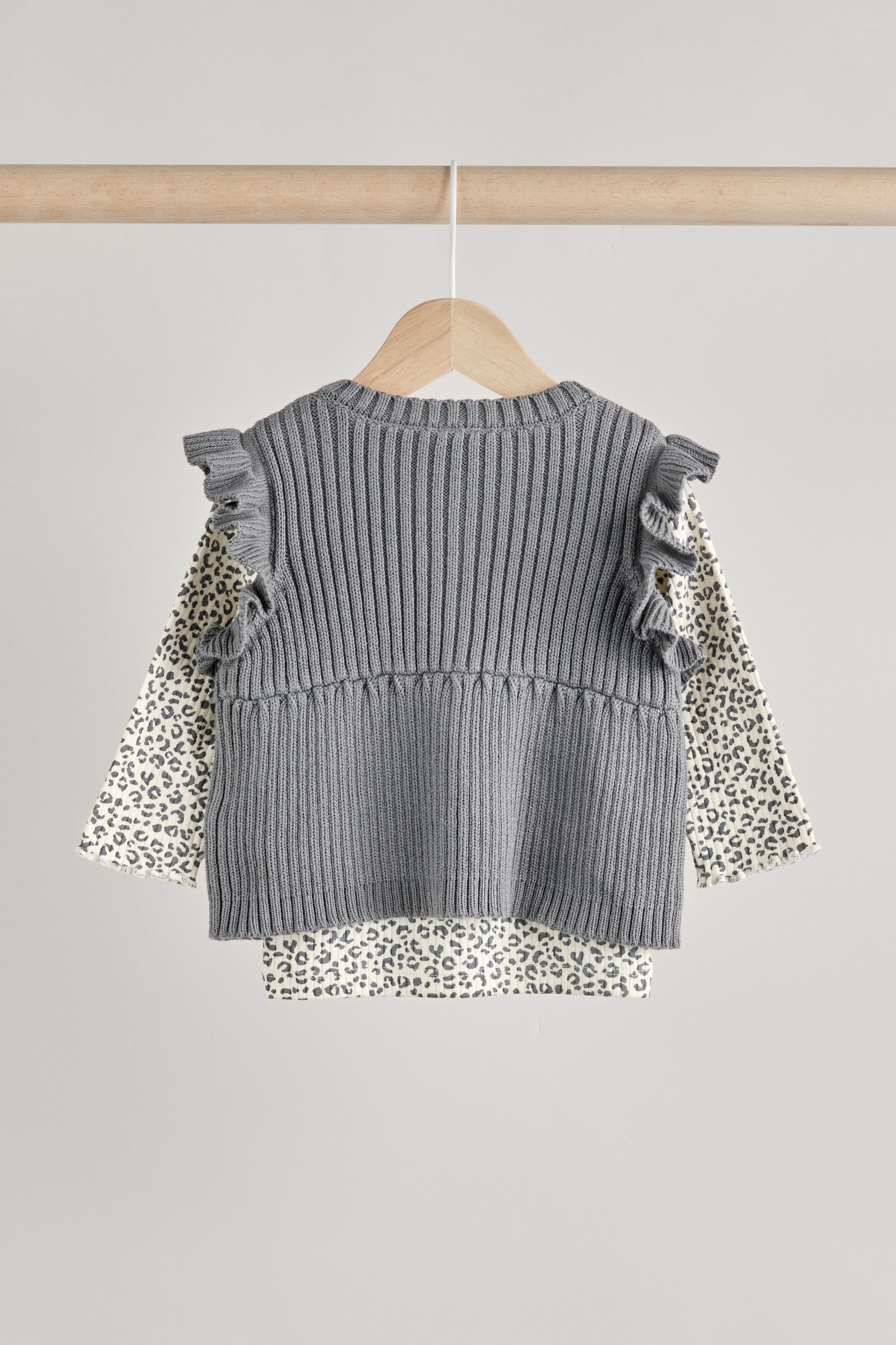 Grey Leopard Print Baby 100% Cotton Long Sleeve Top Knitted Waistcoat and Leggings Set 3 Piece (0mths-2yrs)