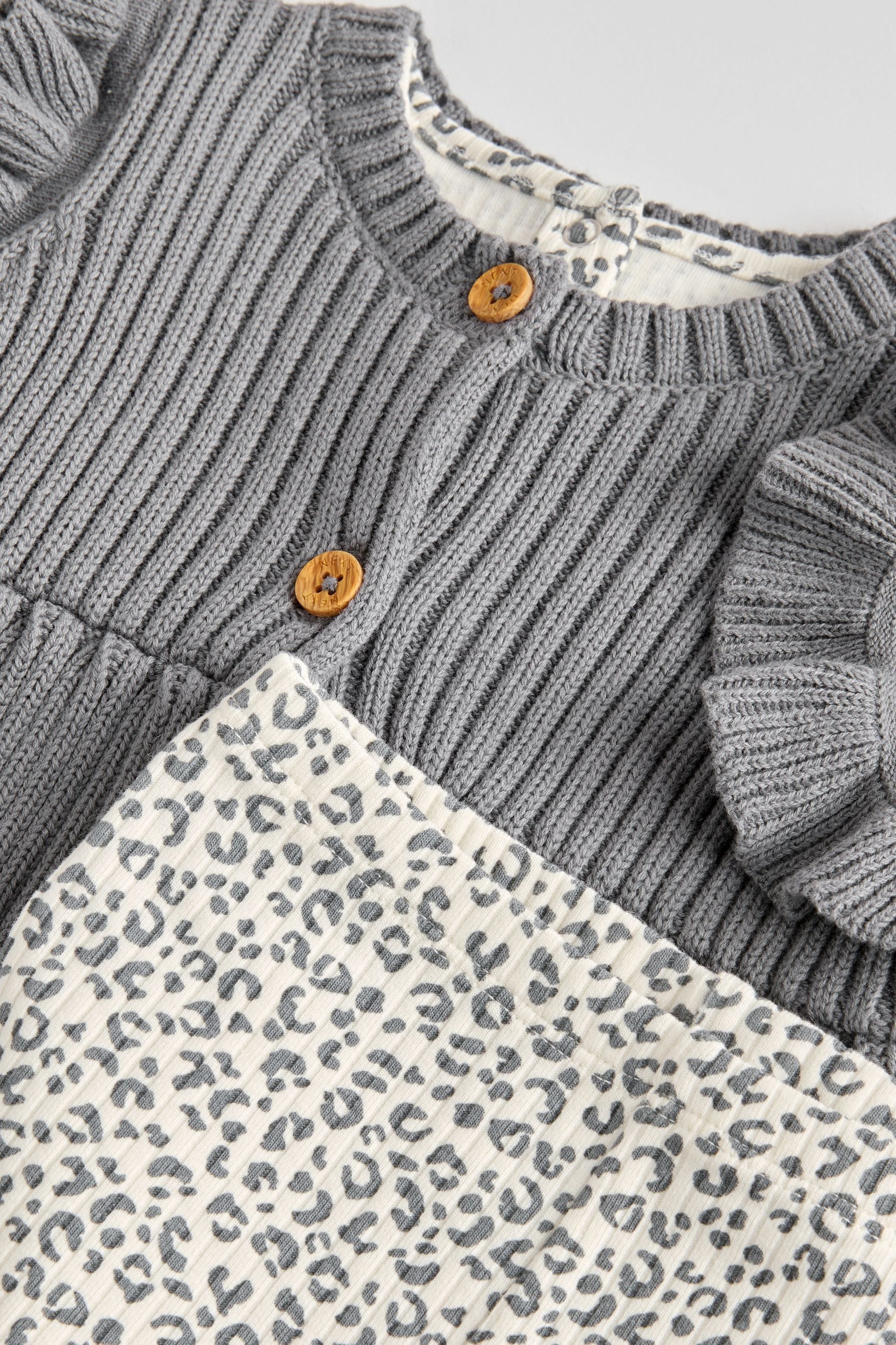 Grey Leopard Print Baby 100% Cotton Long Sleeve Top Knitted Waistcoat and Leggings Set 3 Piece (0mths-2yrs)