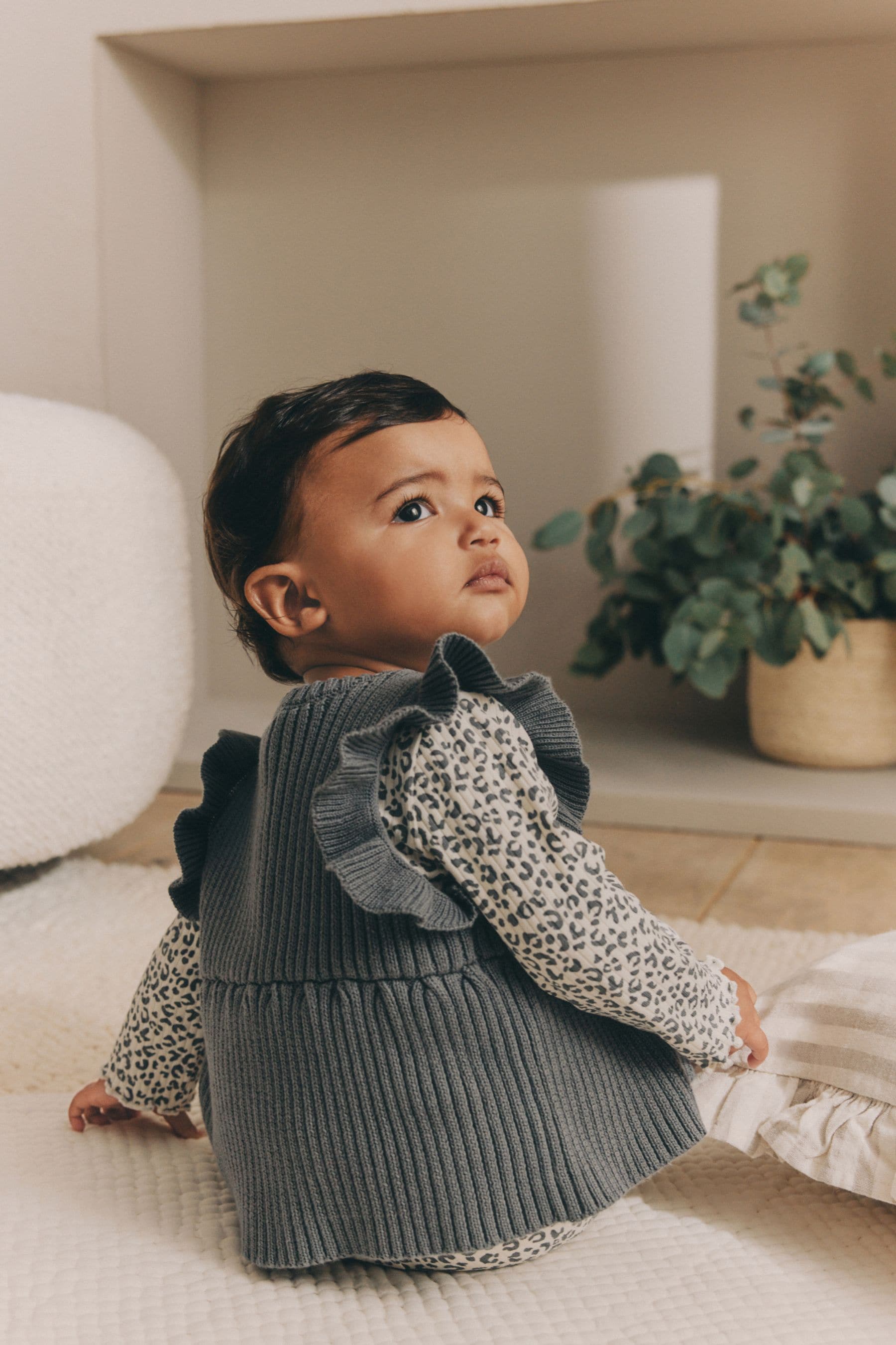 Grey Leopard Print Baby Long Sleeve Top, Knitted Waistcoat & Leggings 3 Piece Set (0mths-2yrs)