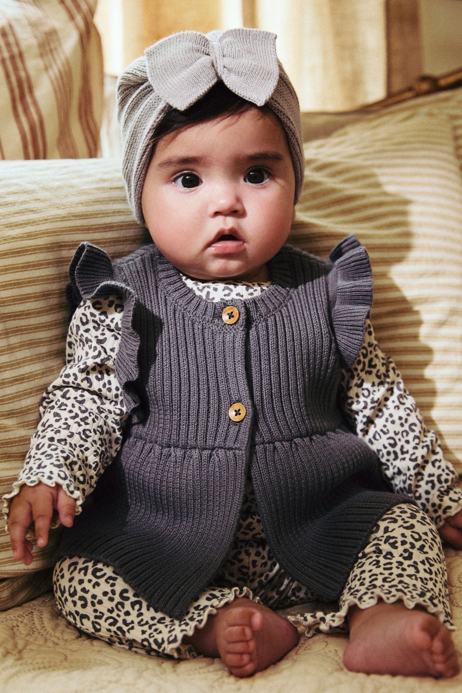 Grey Leopard Print Baby Long Sleeve Top, Knitted Waistcoat & Leggings 3 Piece Set (0mths-2yrs)