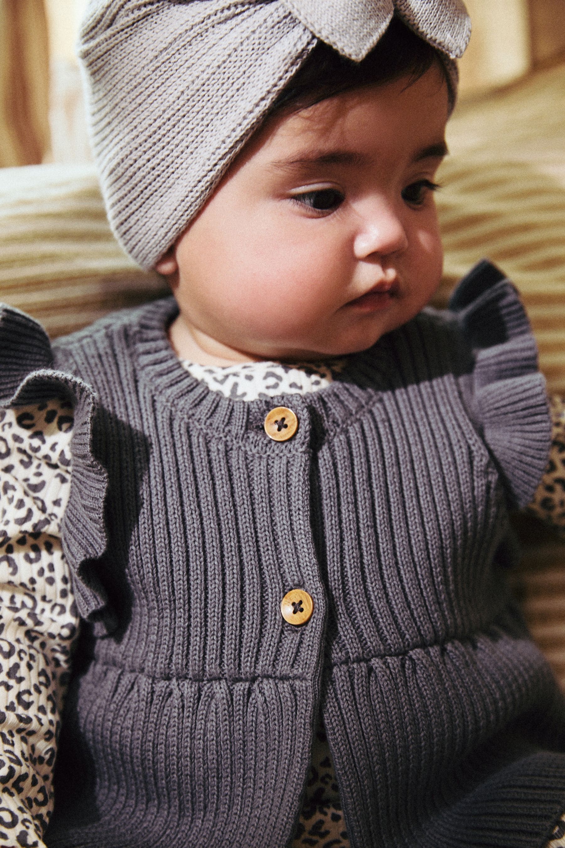 Grey Leopard Print Baby Long Sleeve Top, Knitted Waistcoat & Leggings 3 Piece Set (0mths-2yrs)