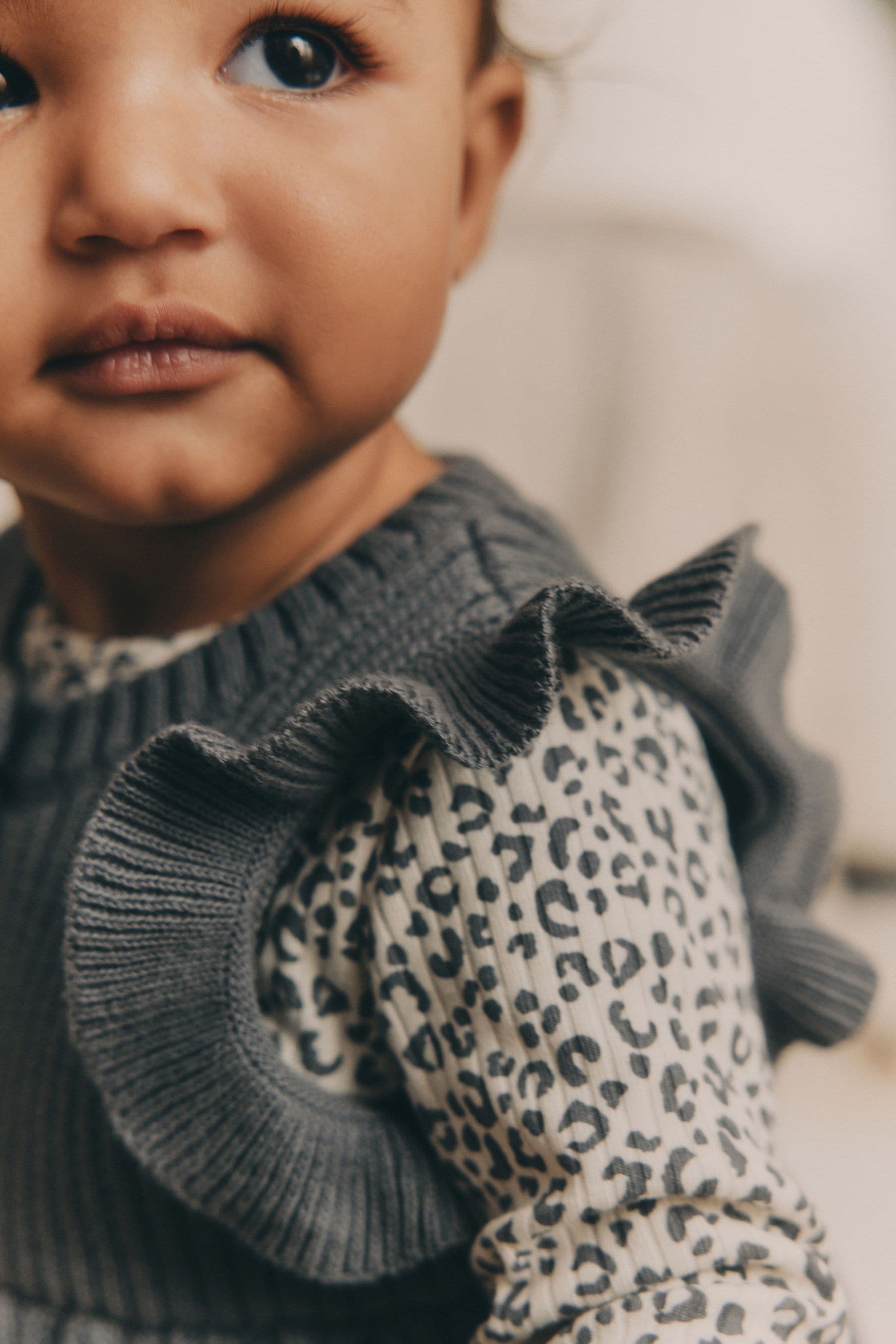 Grey Leopard Print Baby Long Sleeve Top, Knitted Waistcoat & Leggings 3 Piece Set (0mths-2yrs)