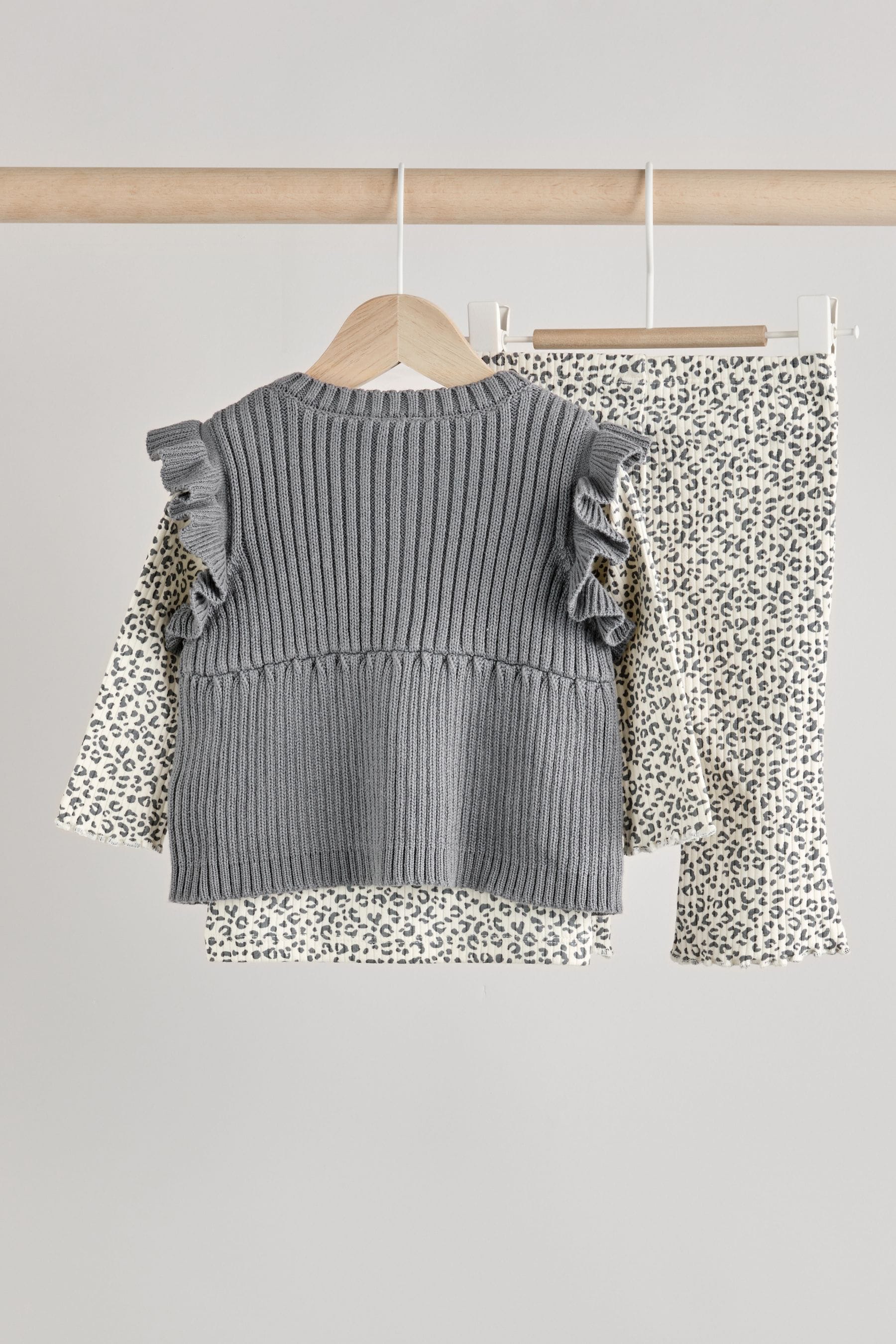 Grey Leopard Print Baby 100% Cotton Long Sleeve Top Knitted Waistcoat and Leggings Set 3 Piece (0mths-2yrs)