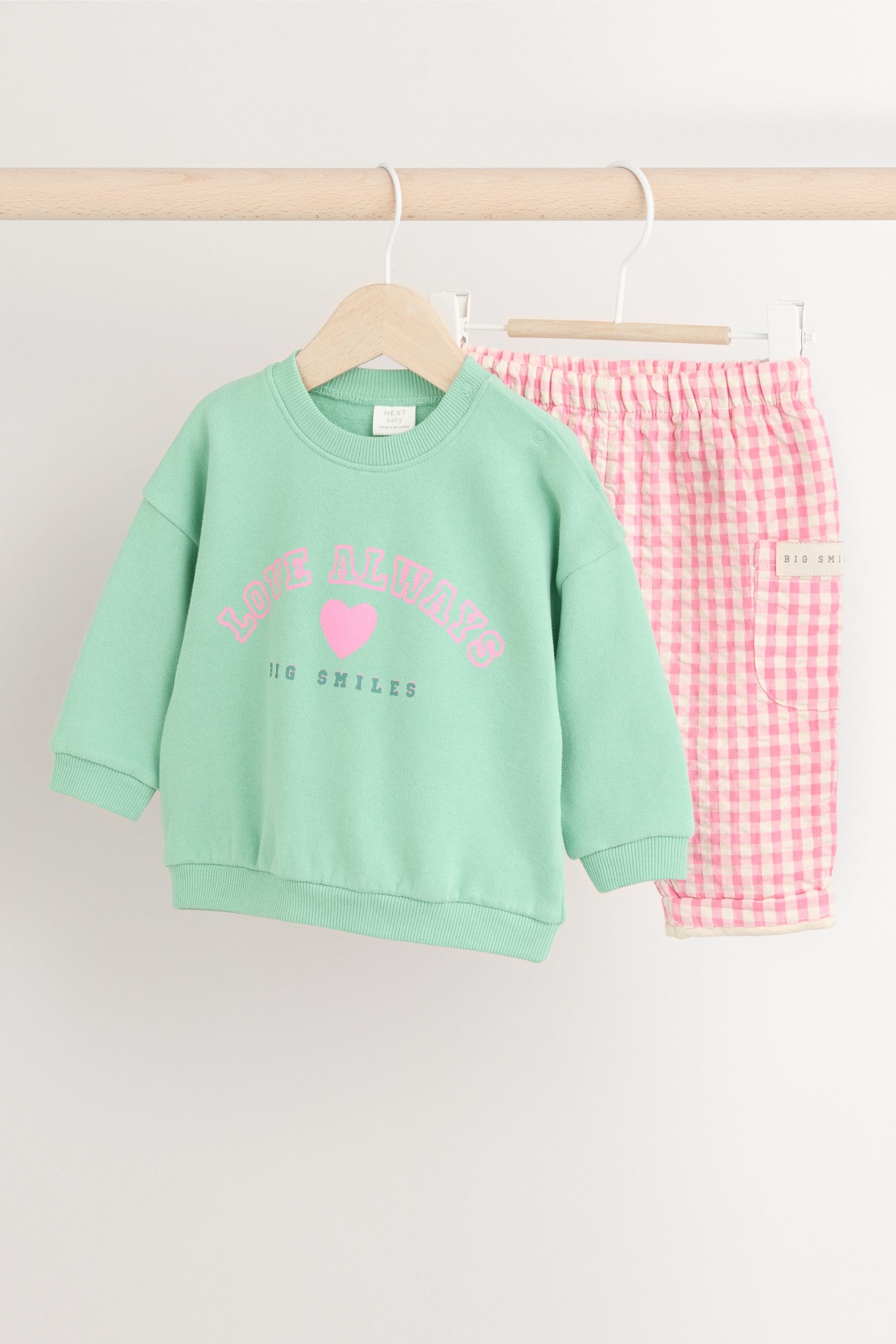 Green/Pink Gingham Baby Sweat Jumper & Woven Trousers Set