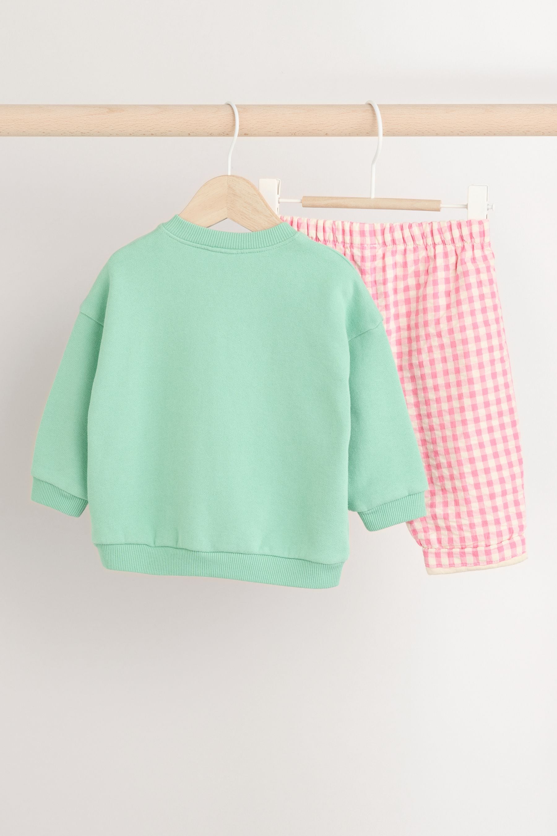 Green/Pink Gingham Baby Sweat Jumper & Woven Trousers Set