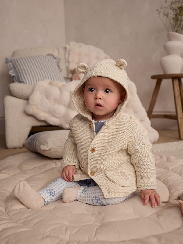 Ecru Neppy 100% Cotton Knitted Hooded Baby Cardigan