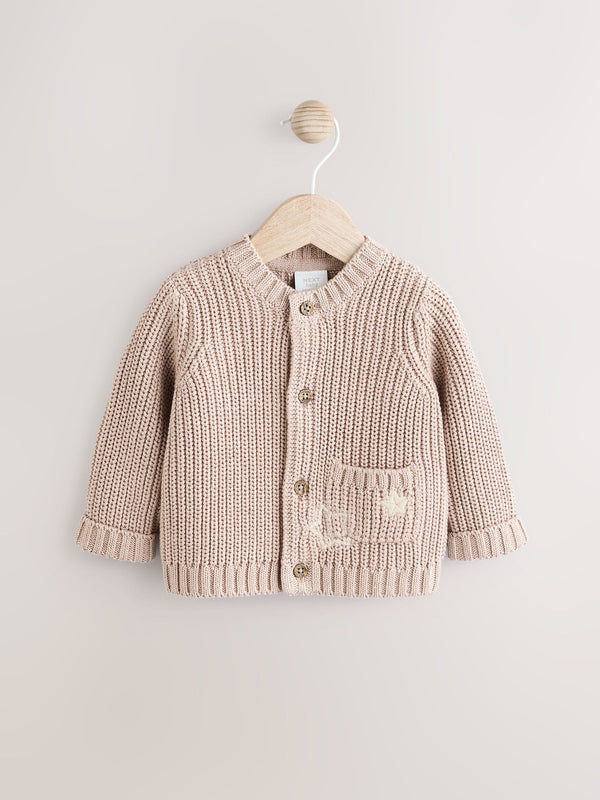 Neutral Hello World Slogan 100% Cotton Chunky Knitted Embroidered Baby Cardigan