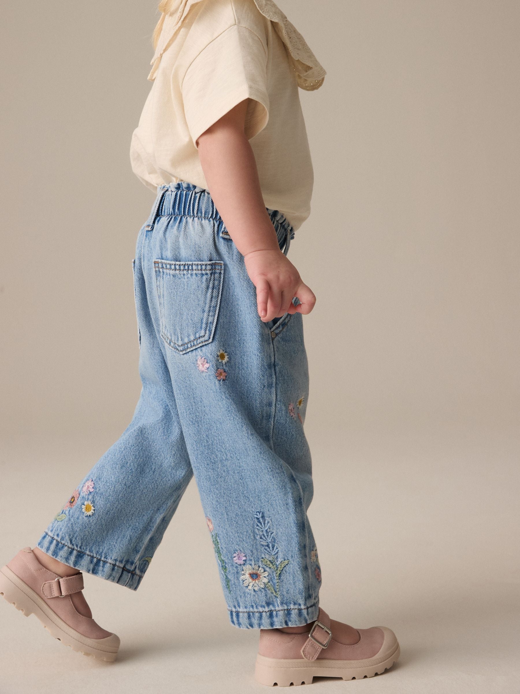 Denim Floral Print Embroidered 100% Cotton Jeans (3mths-7yrs)