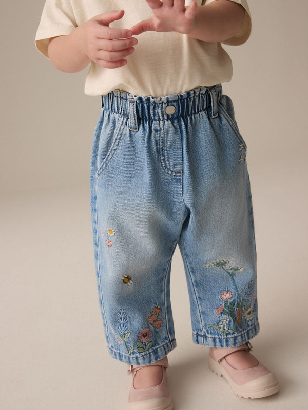 Denim Floral Print Embroidered 100% Cotton Jeans (3mths-7yrs)