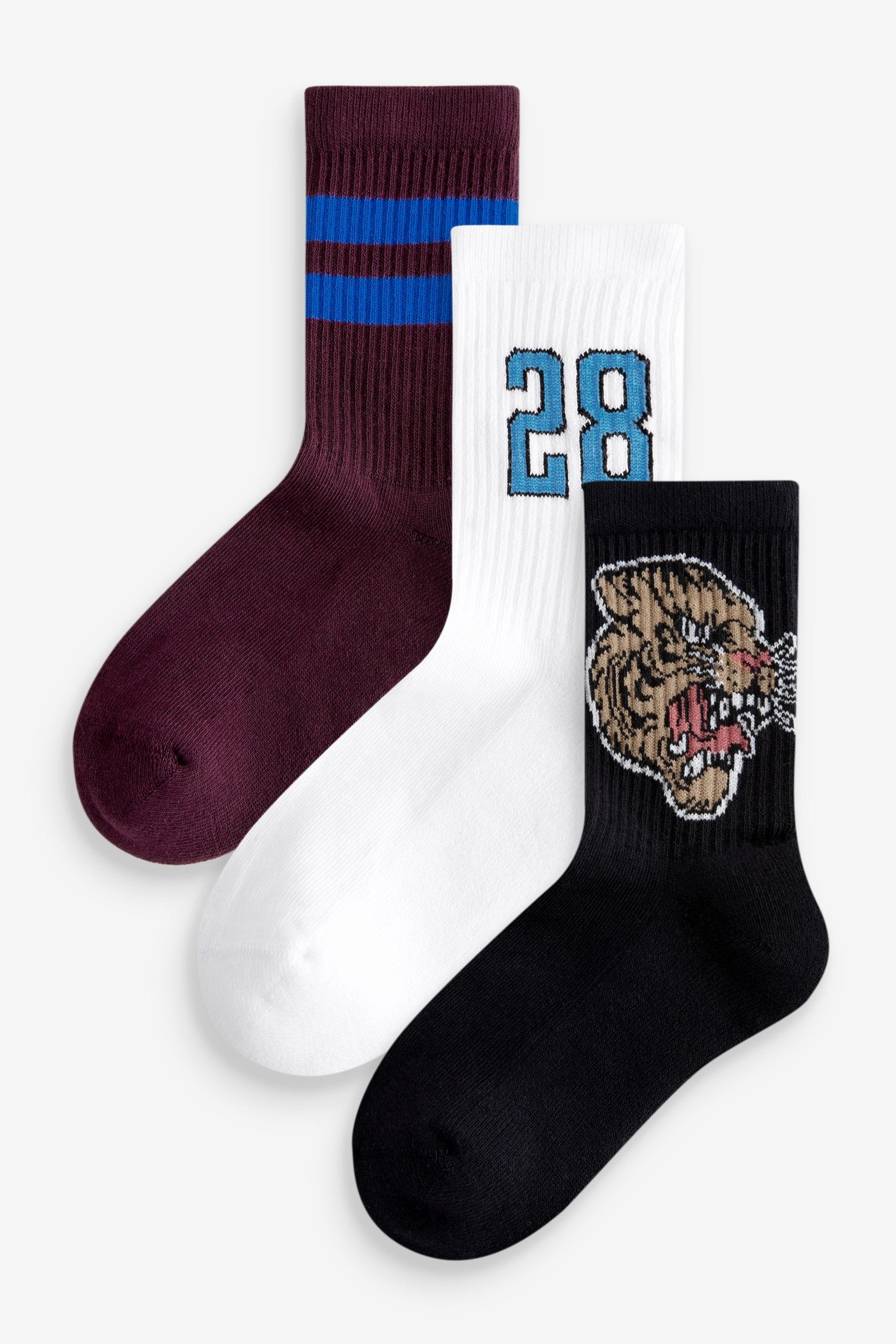 Varsity Tiger Cushioned Footbed Cotton Rich Ribbed Socks 3 Pack