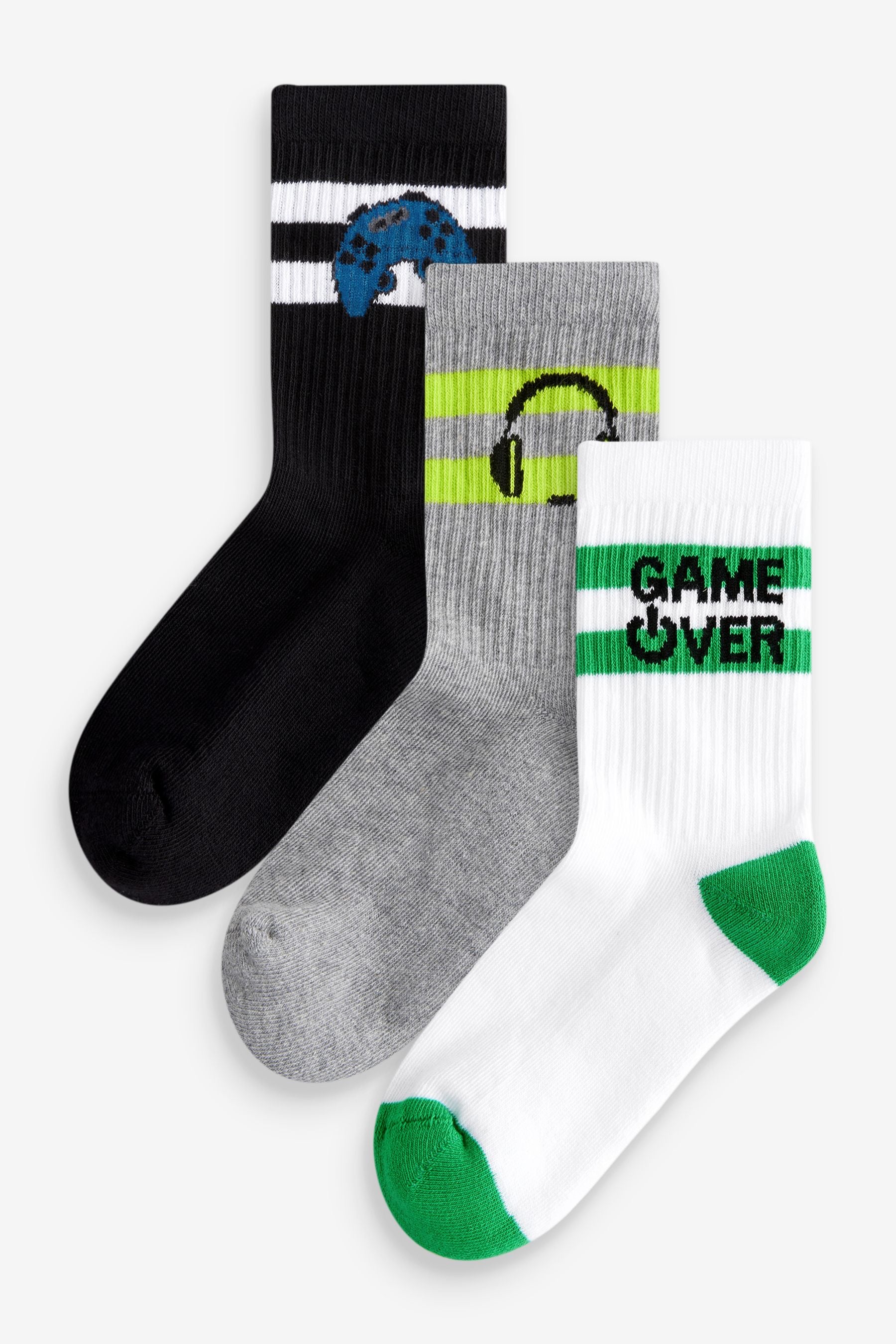 Gamer Headphone Cushioned Footbed Cotton Rich Ribbed Socks 3 Pack