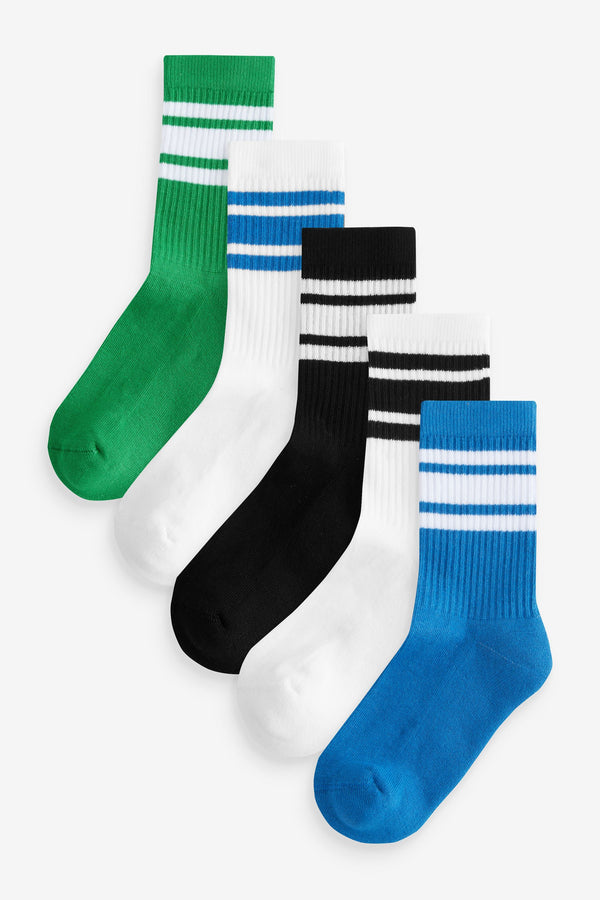 Blue/Green/White Cushioned Footbed Cotton Rich Ribbed Socks 5 Pack