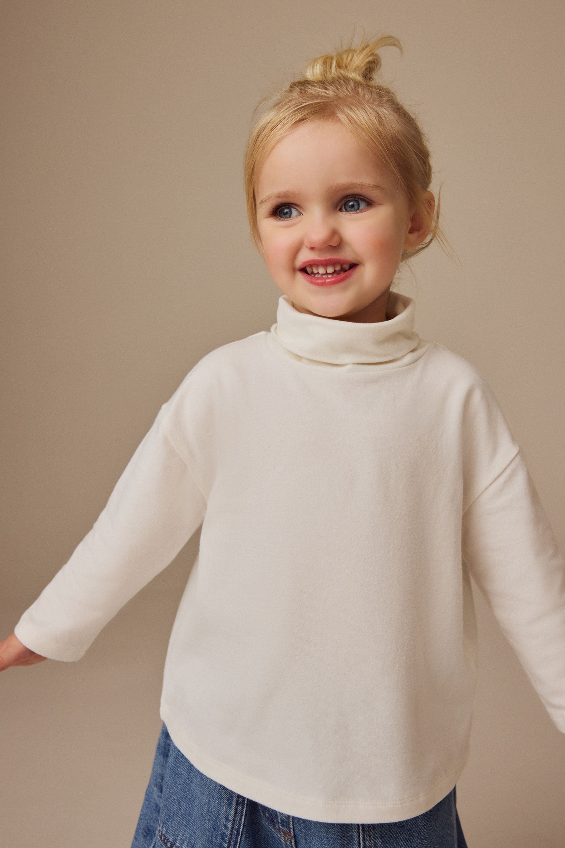 Cream Long Sleeve Relaxed Roll Neck Top (3mths-7yrs)