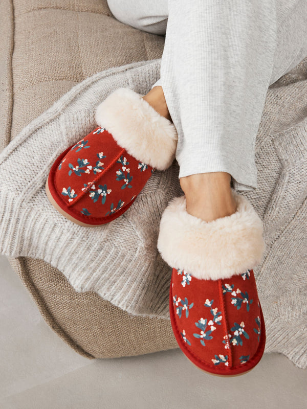 Red Mistletoe Suede Faux Fur Lined Mule Slippers