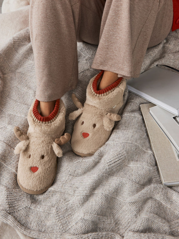 Brown Faux Fur Reindeer Boot Slippers