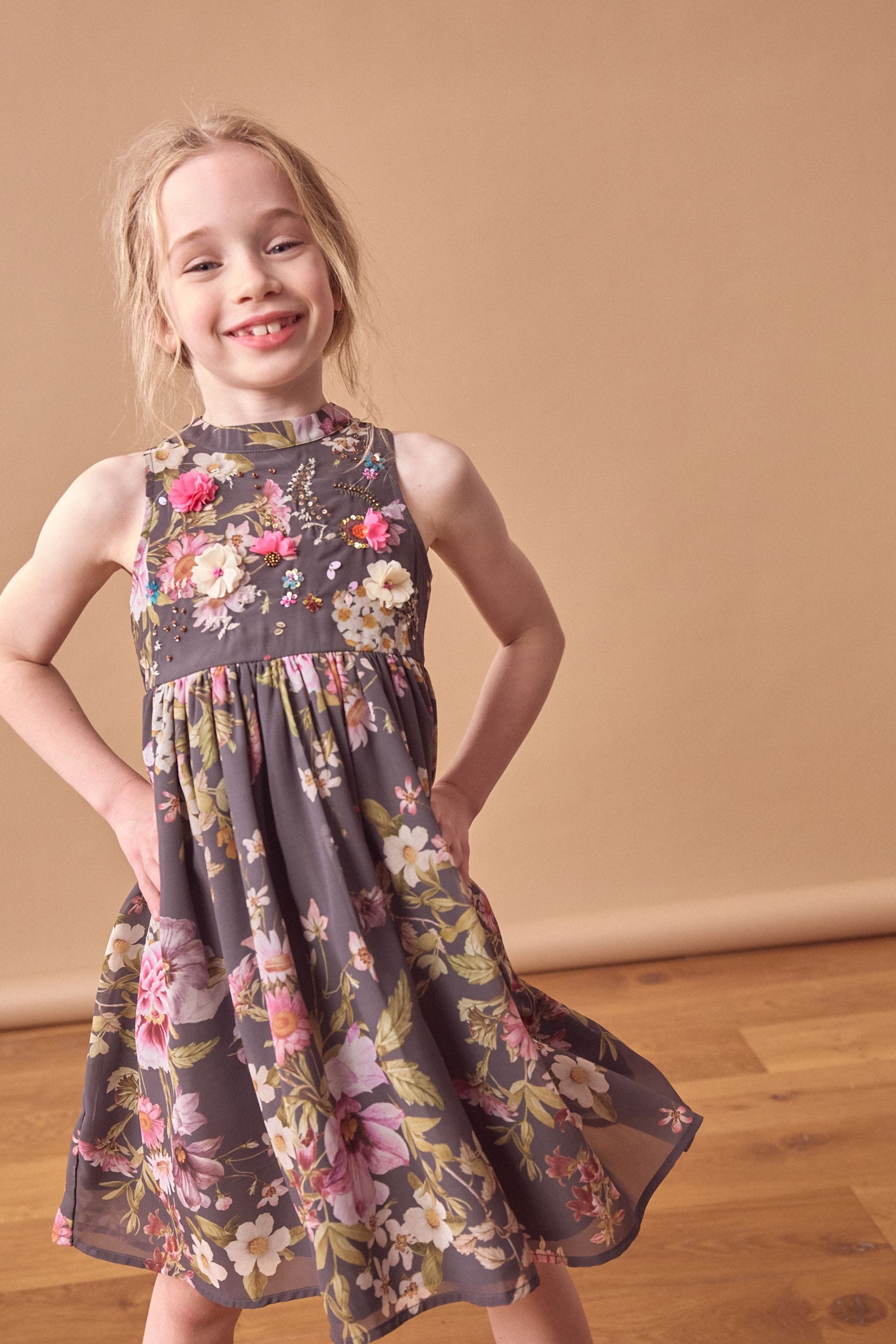 Grey Embellished Floral Print Dress (3-16yrs)