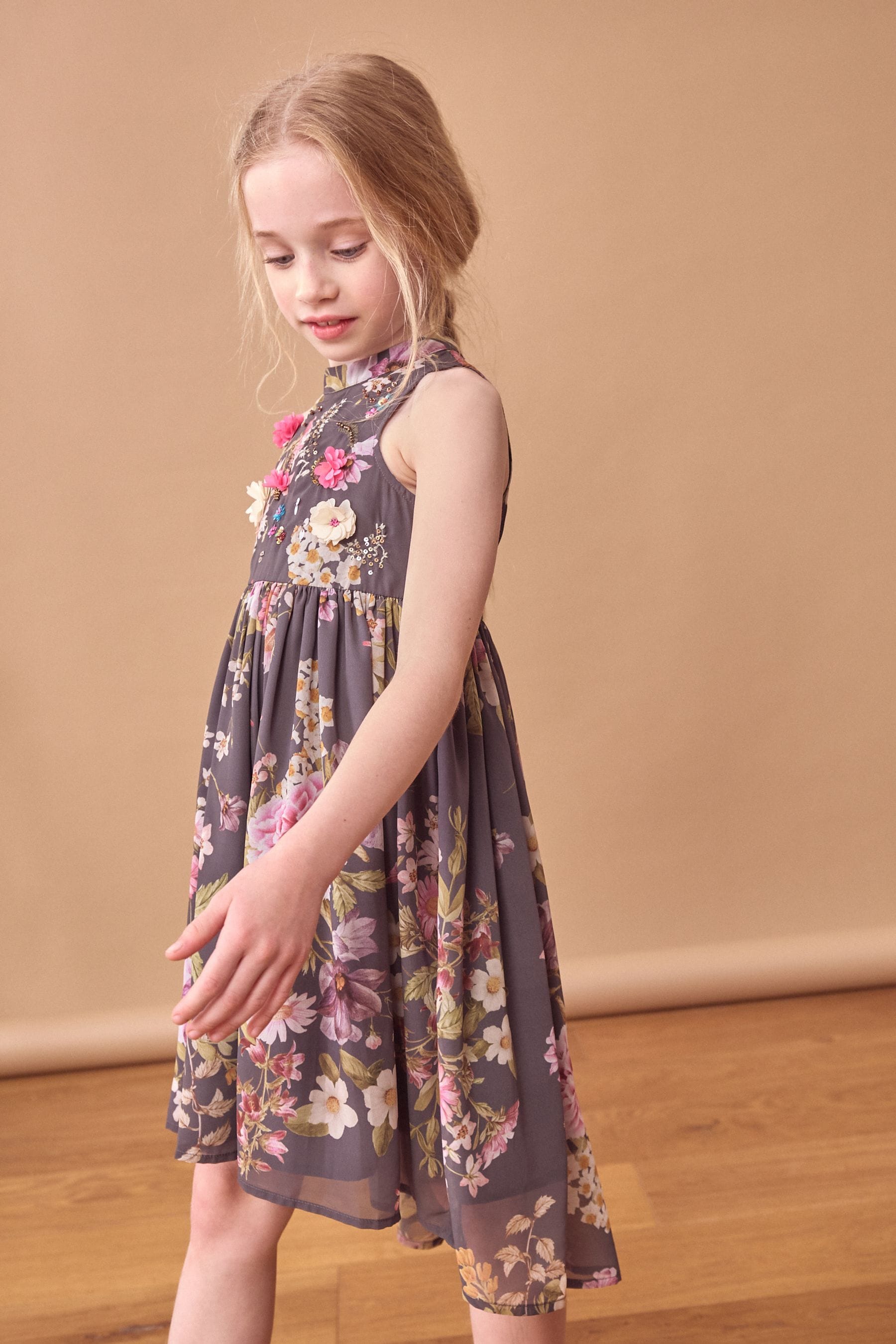 Grey Embellished Floral Print Dress (3-16yrs)