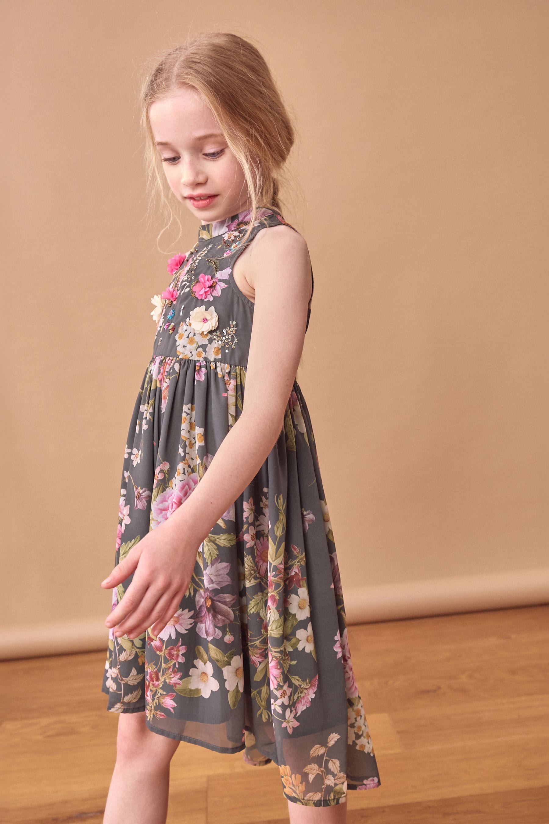 Grey Embellished Floral Print Dress (3-16yrs)