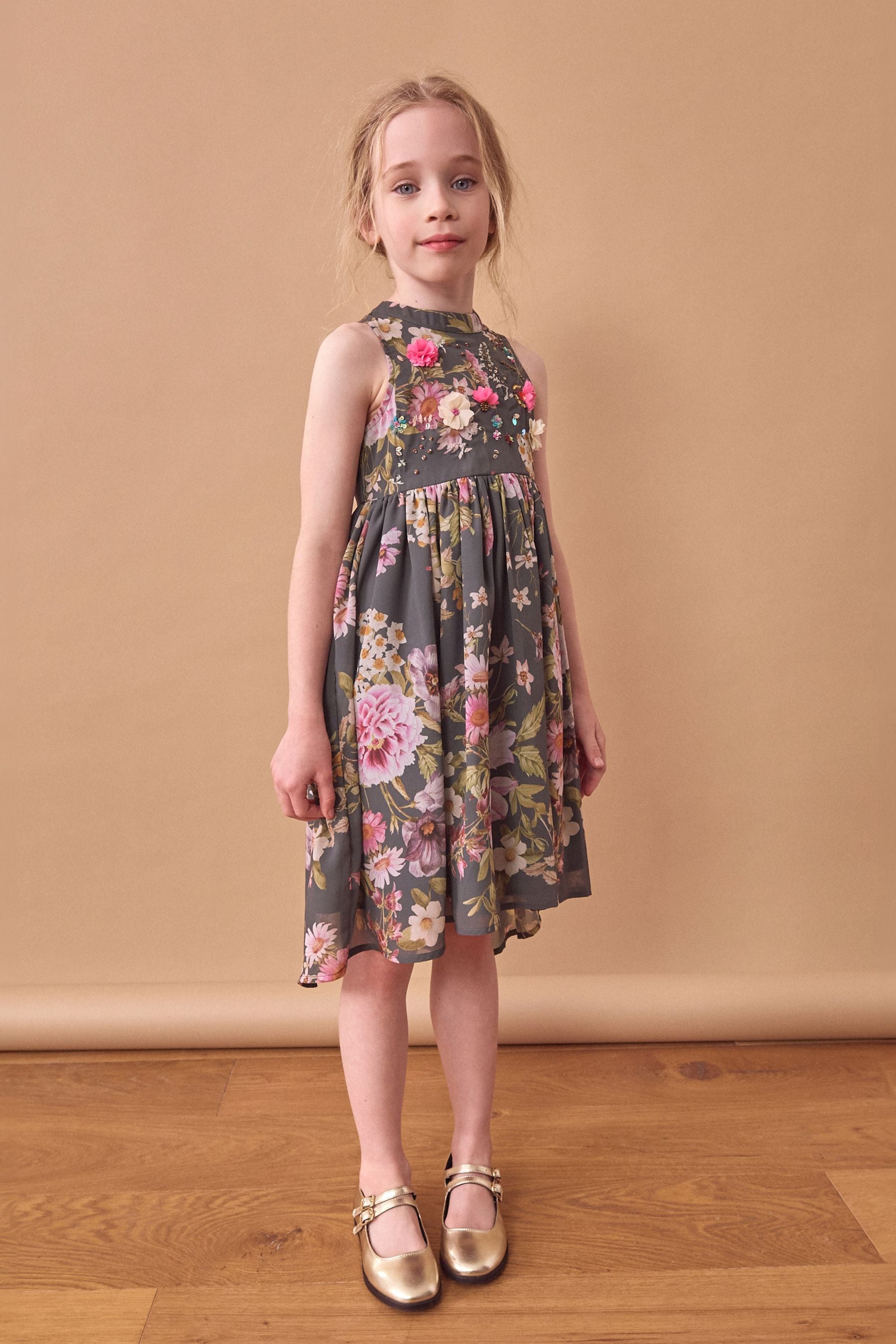 Grey Embellished Floral Print Dress (3-16yrs)