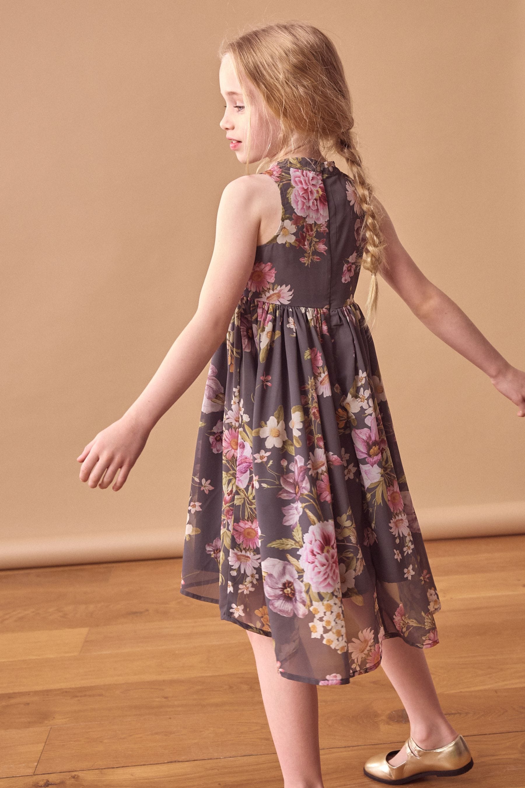 Grey Embellished Floral Print Dress (3-16yrs)