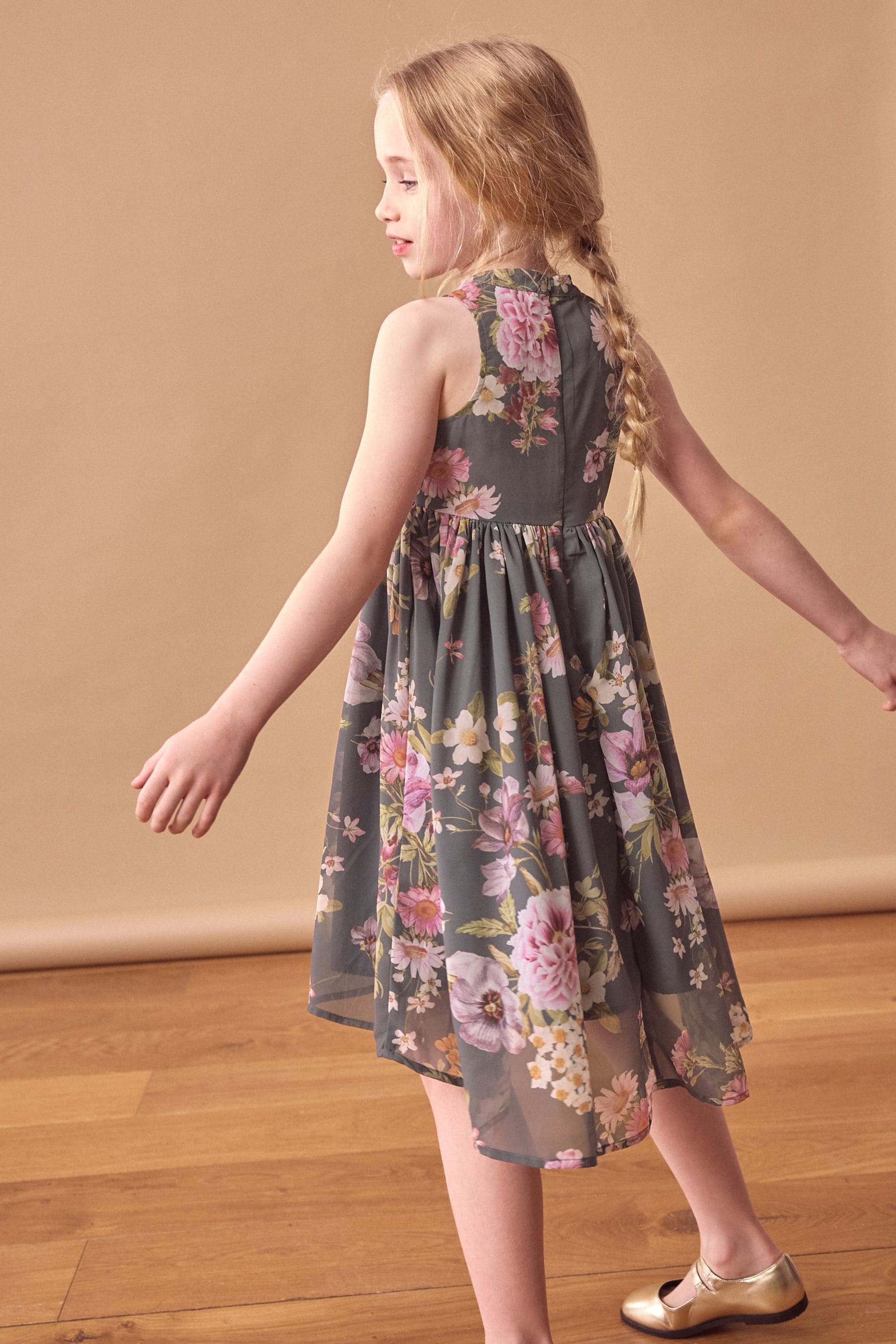 Grey Embellished Floral Print Dress (3-16yrs)