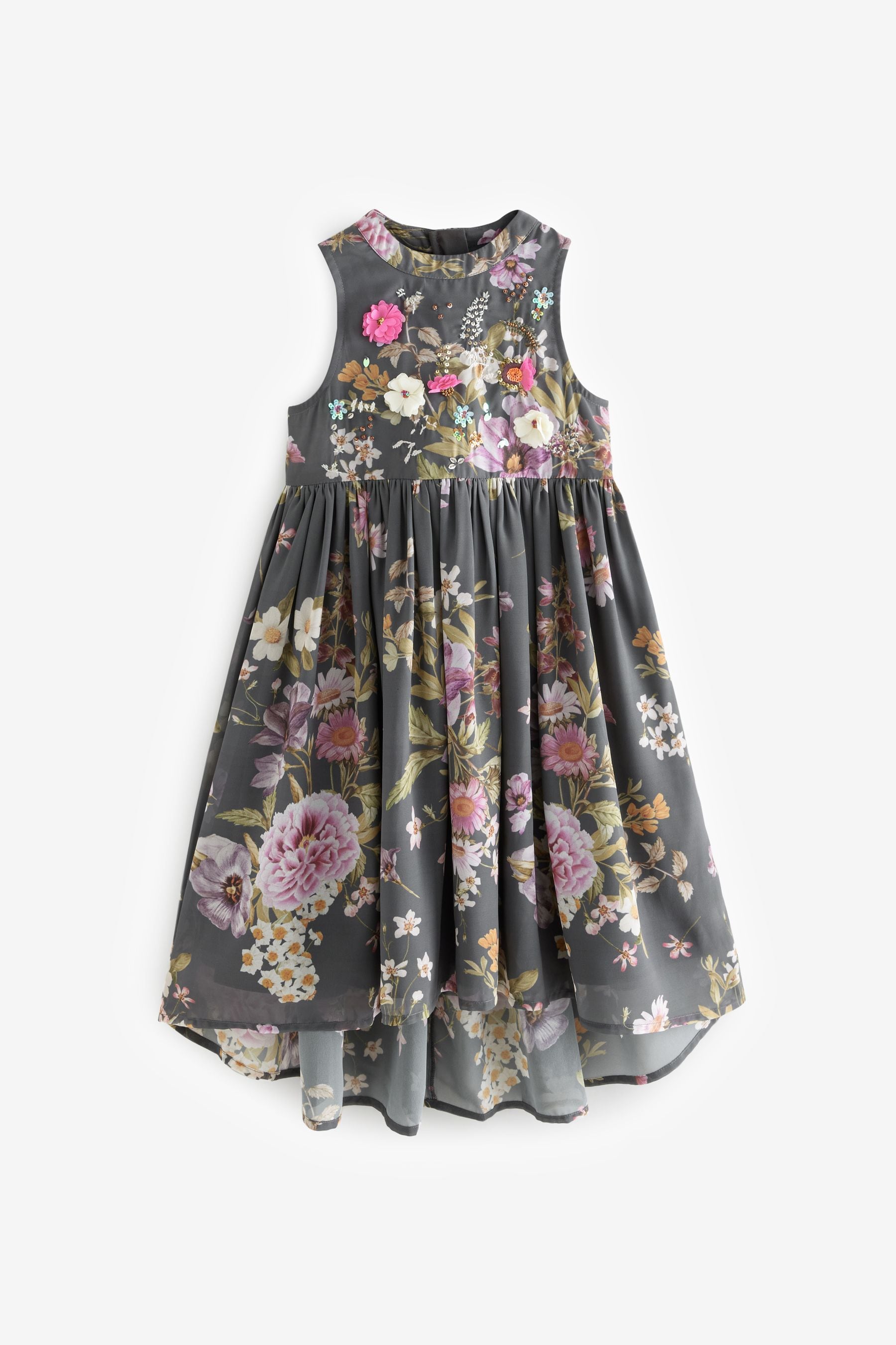 Grey Embellished Floral Print Dress (3-16yrs)