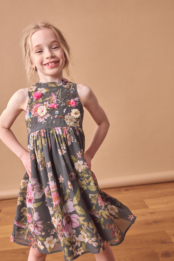 Grey Embellished Floral Print Dress (3-16yrs)