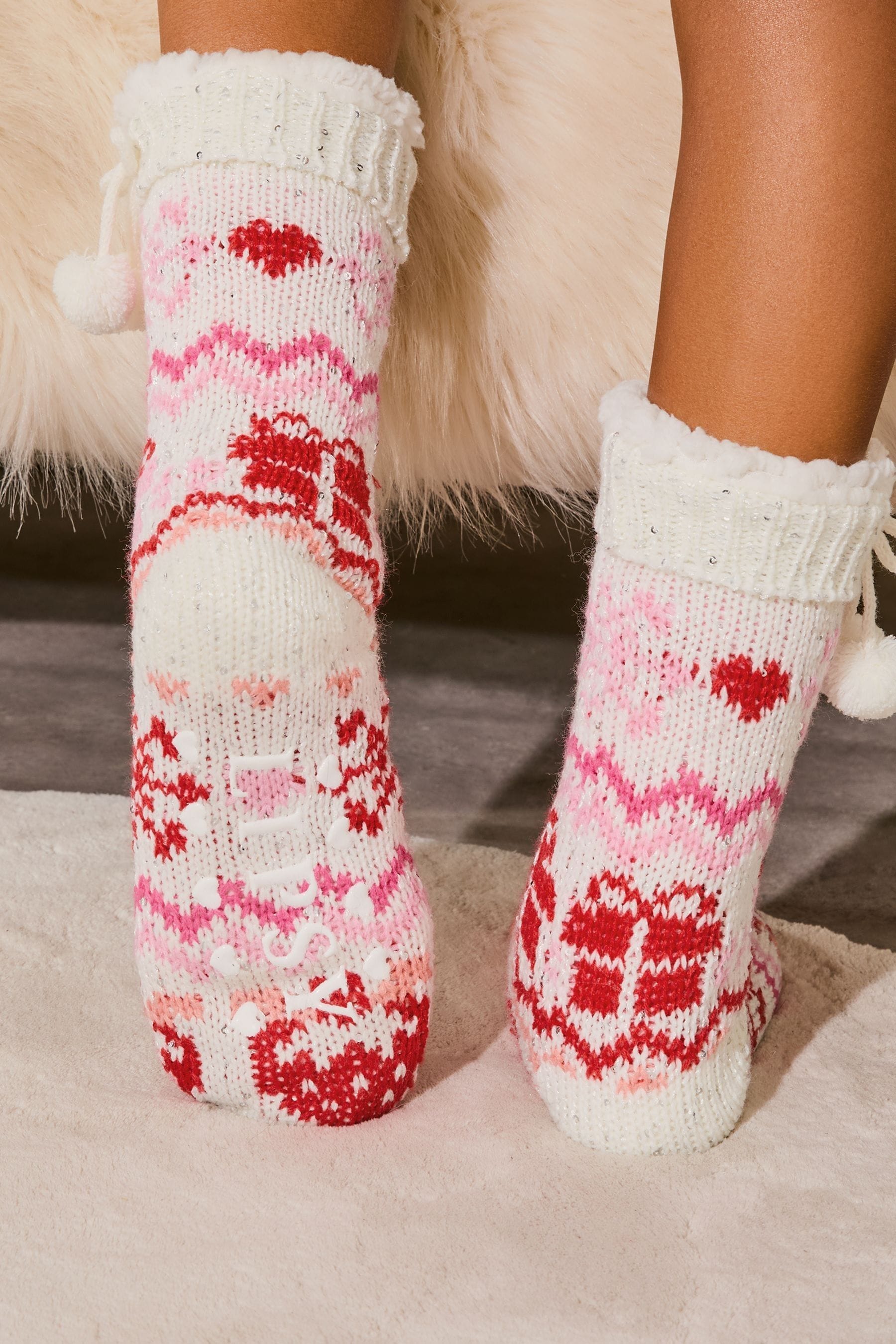 White Fairisle Cosy Knitted Slipper Socks