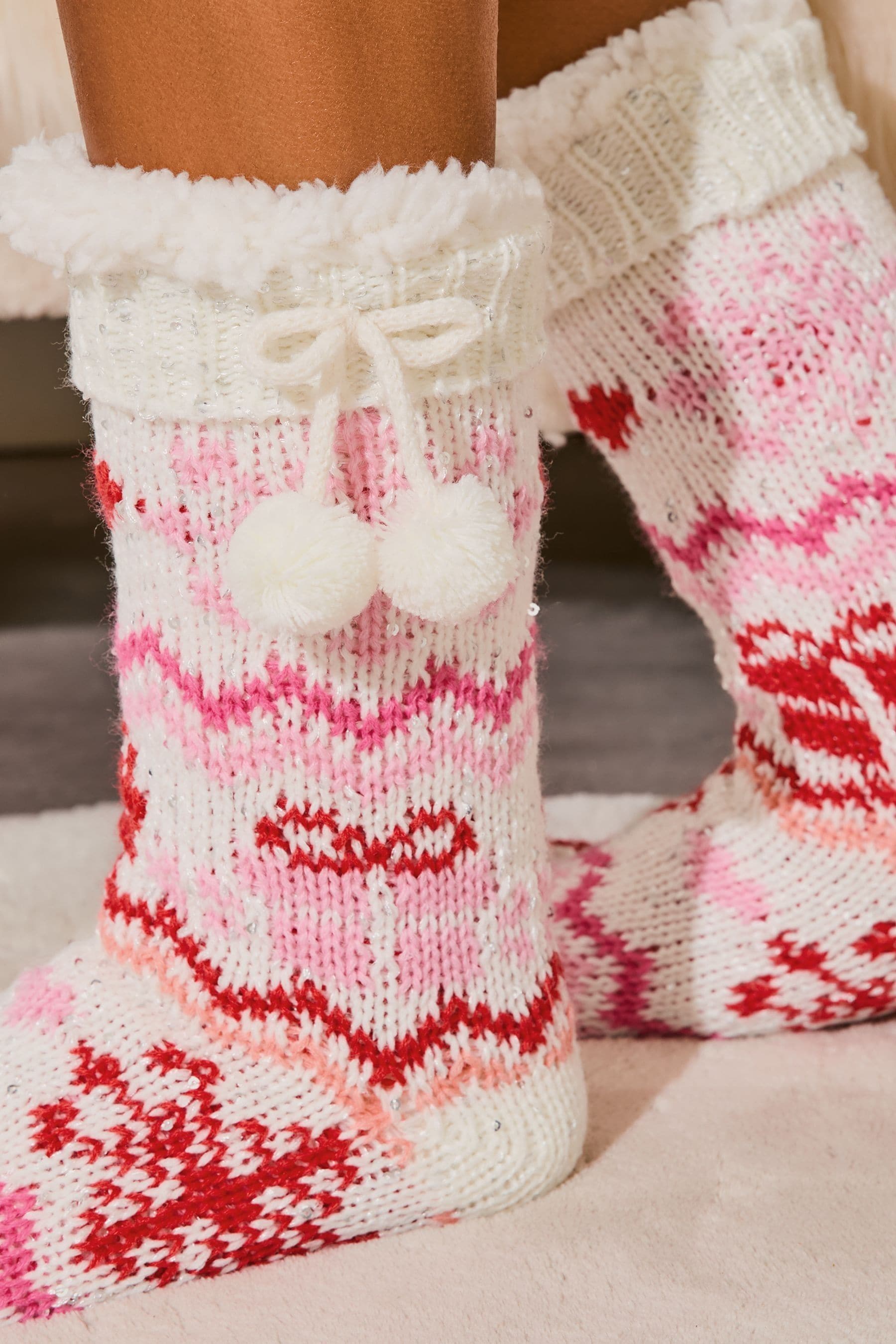 White Fairisle Cosy Knitted Slipper Socks