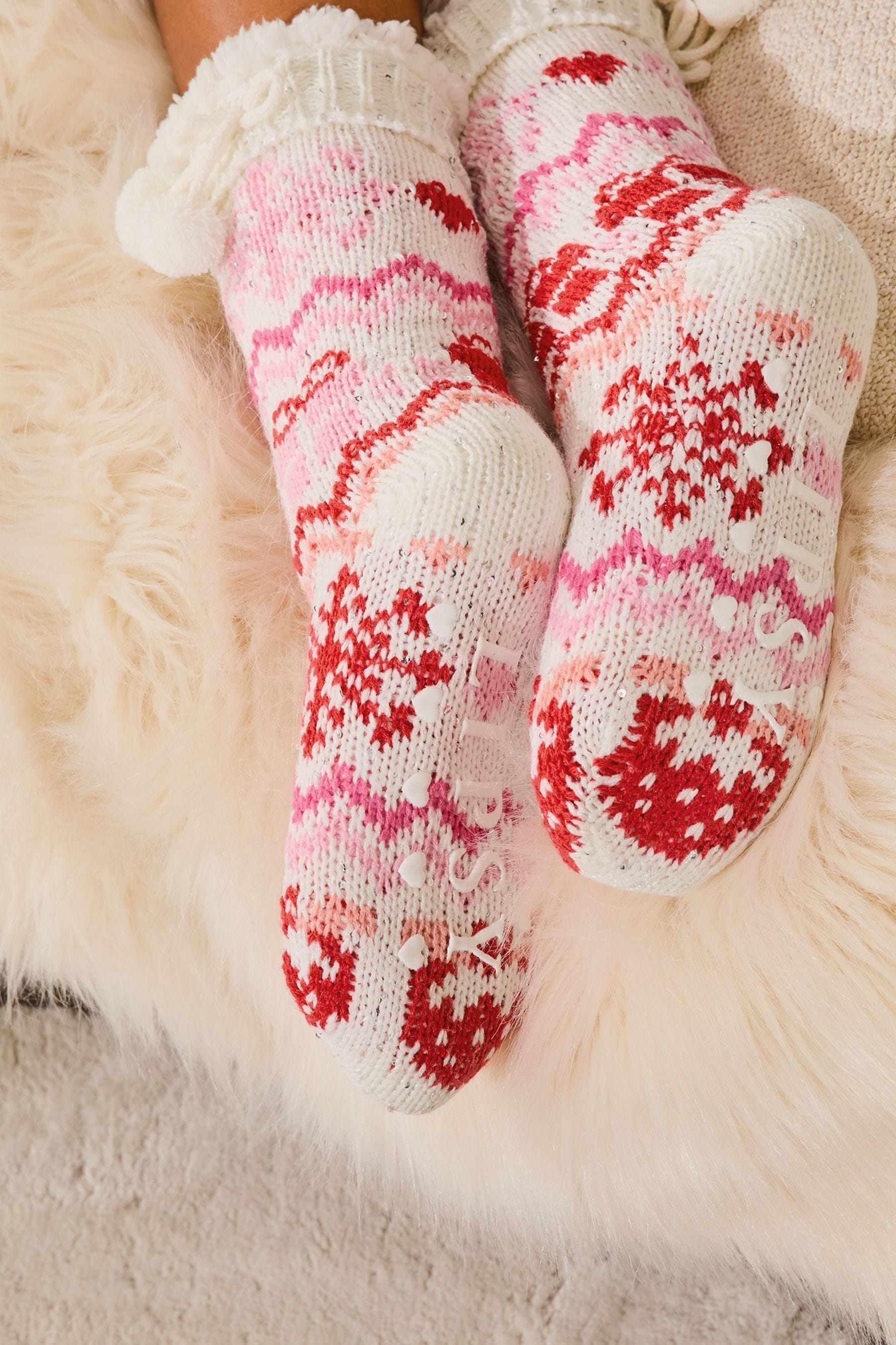 White Fairisle Cosy Knitted Slipper Socks