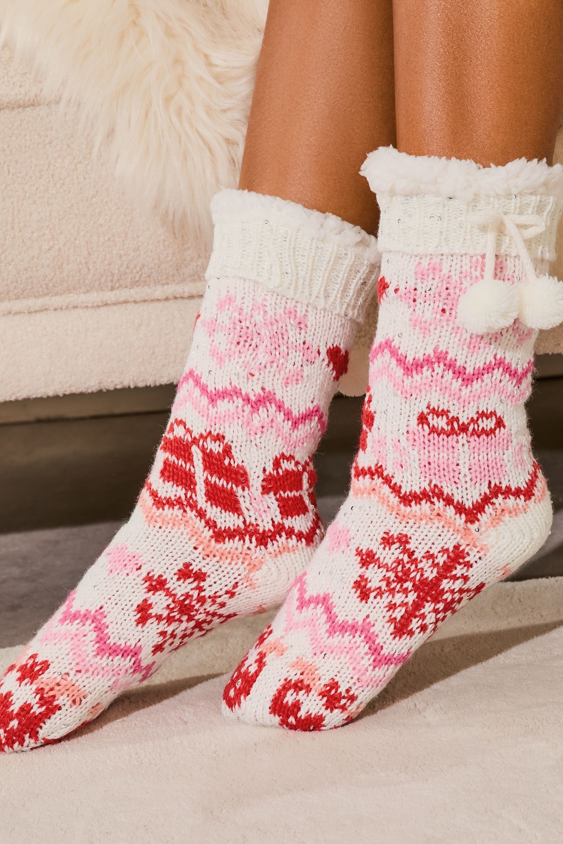 White Fairisle Cosy Knitted Slipper Socks