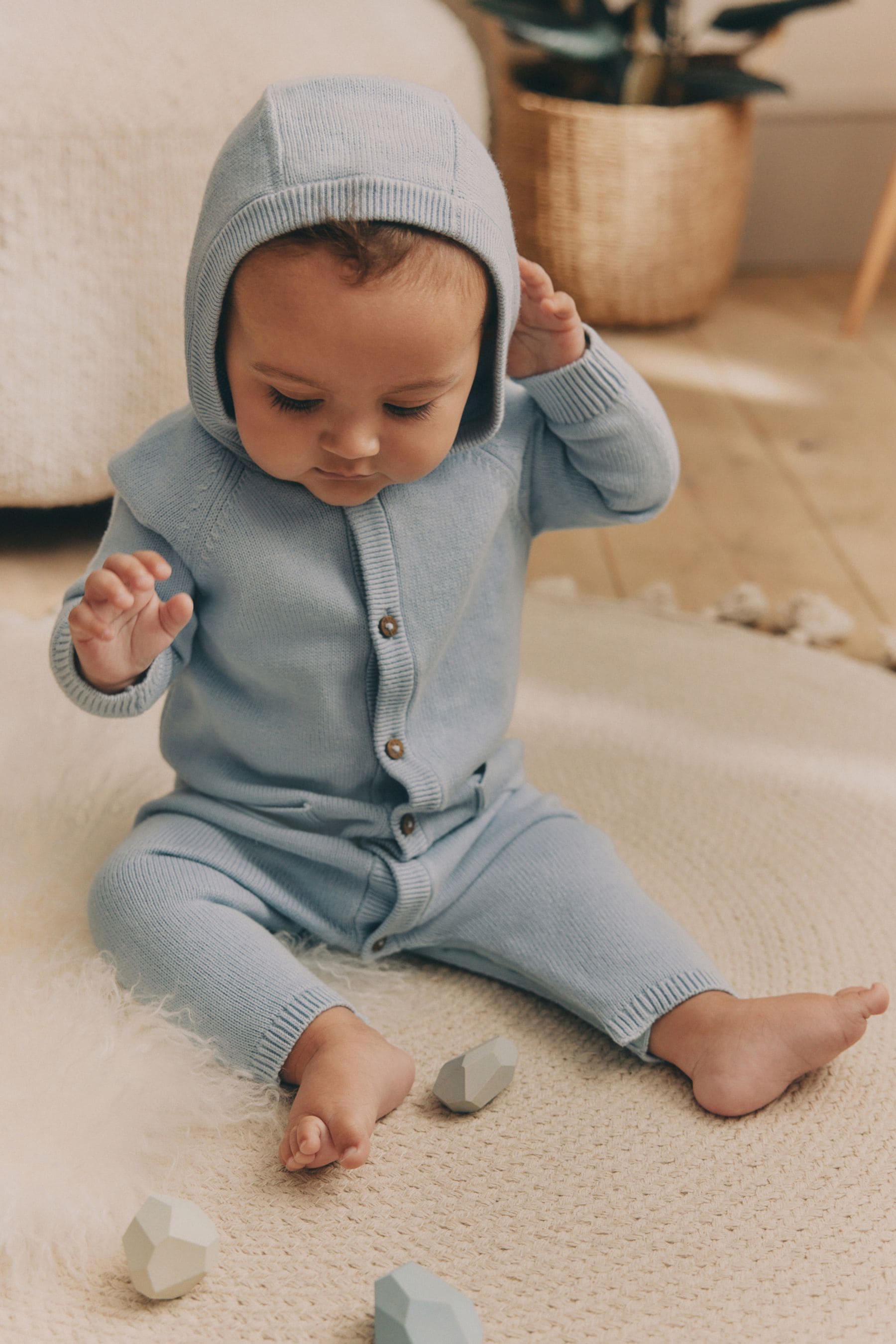 Blue Baby Knitted Hood Romper (0mths-2yrs)