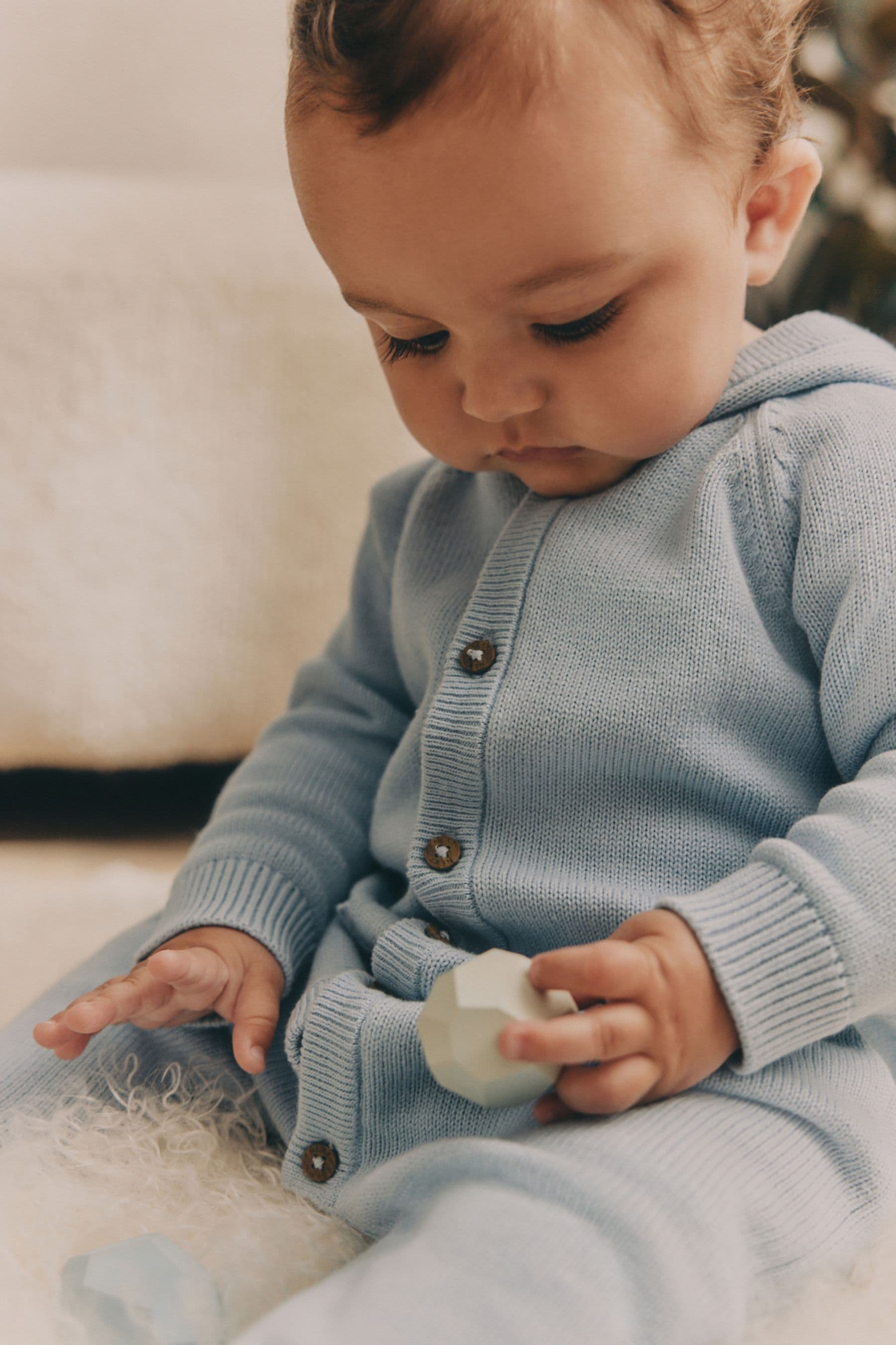 Blue Baby Knitted Hood Romper (0mths-2yrs)