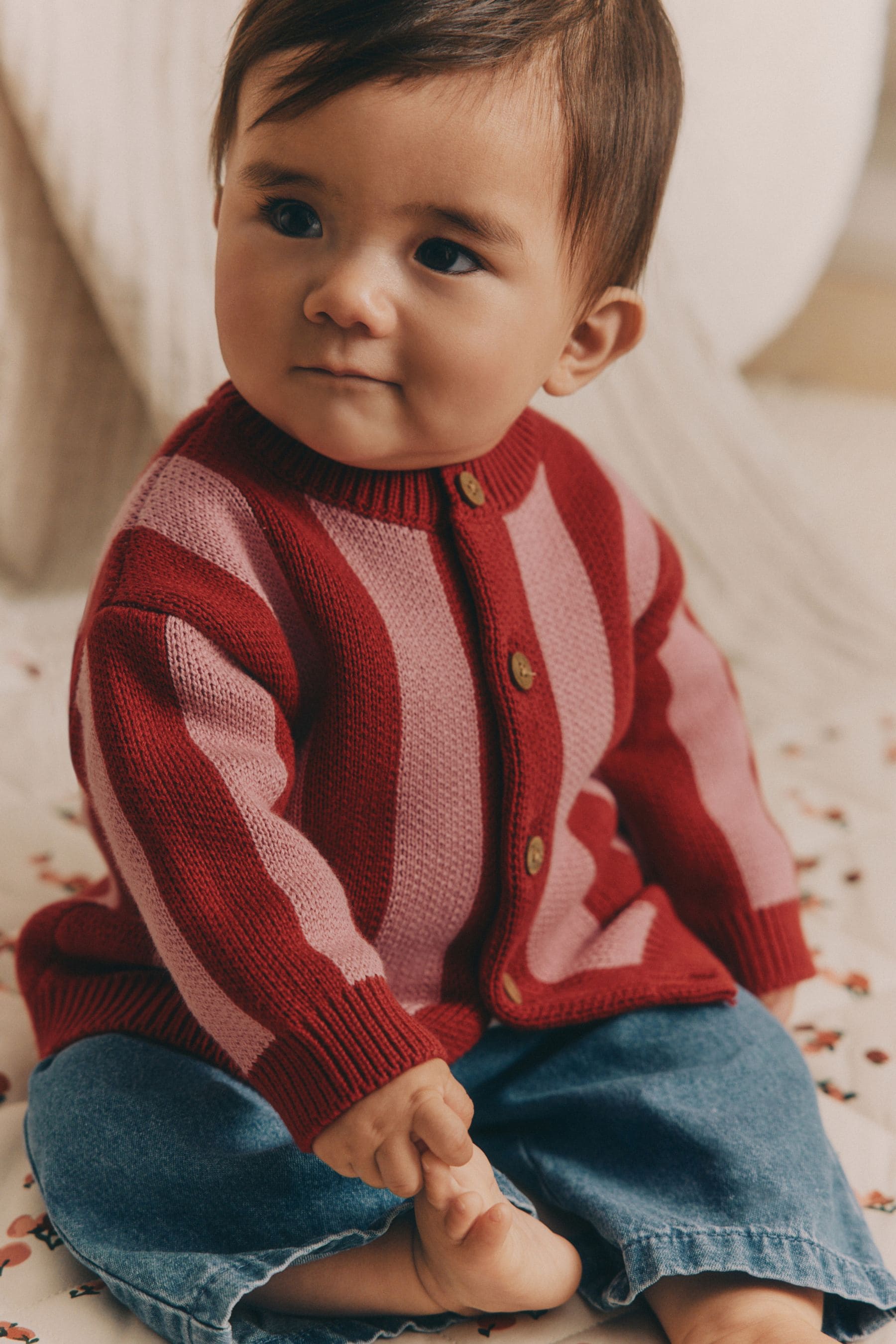 Pink/Red Stripe Baby 100% Cotton Knitted Cardigan (0mths-2yrs)