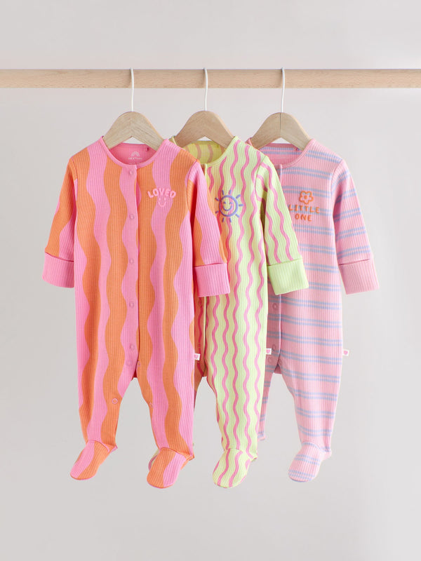 Multi Popper Baby 100% Cotton Sleepsuits 3 Pack (0mths-2yrs)