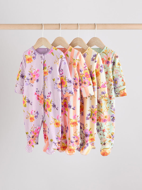 Yellow Floral Baby 100% Cotton Sleepsuits 4 Pack (0-2yrs)