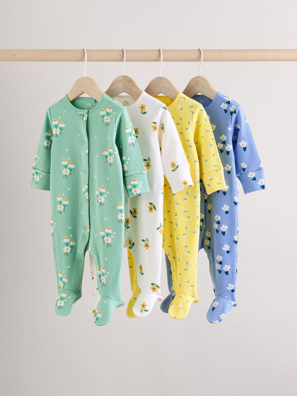 Green Floral Baby 100% Cotton Sleepsuits 4 Pack (0-2yrs)