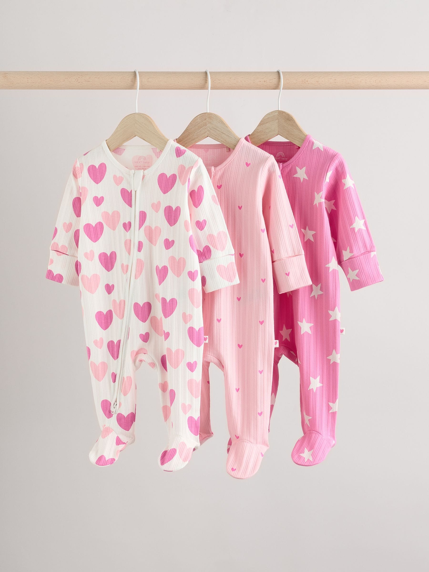 Pink 3 Pack Baby Pink Star Printed Sleepsuit (0mths-2yrs)