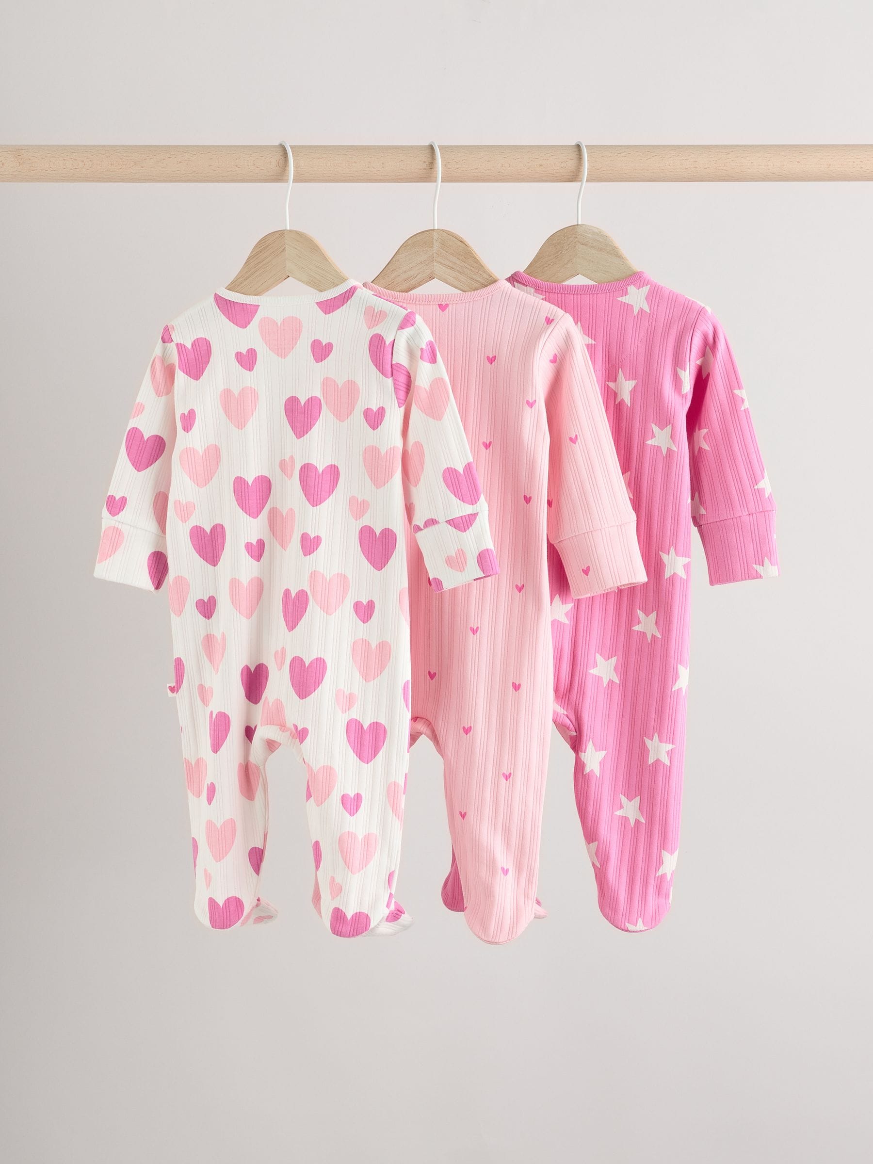 Pink 3 Pack Baby Pink Star Printed Sleepsuit (0mths-2yrs)