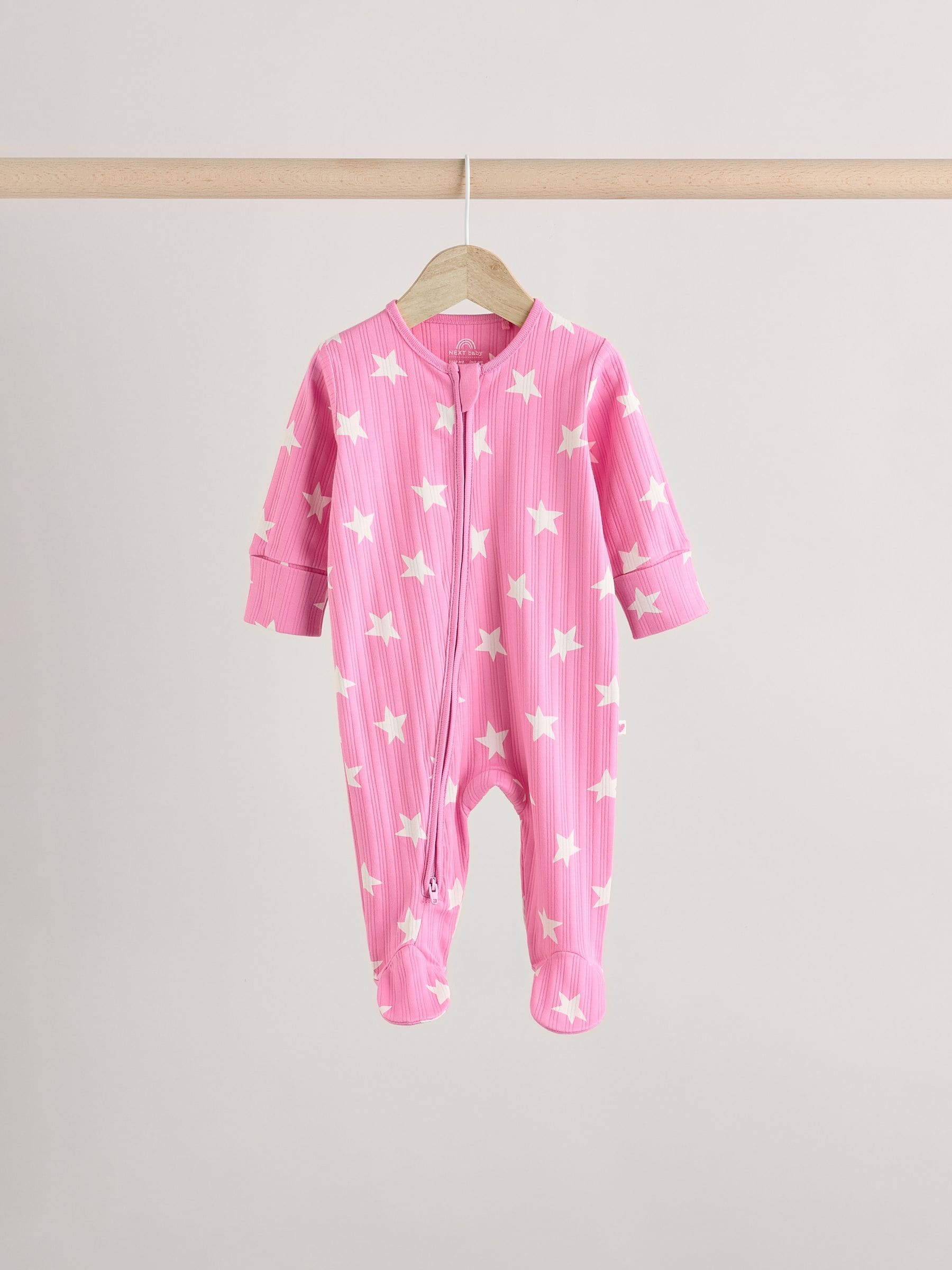 Pink 3 Pack Baby Pink Star Printed Sleepsuit (0mths-2yrs)