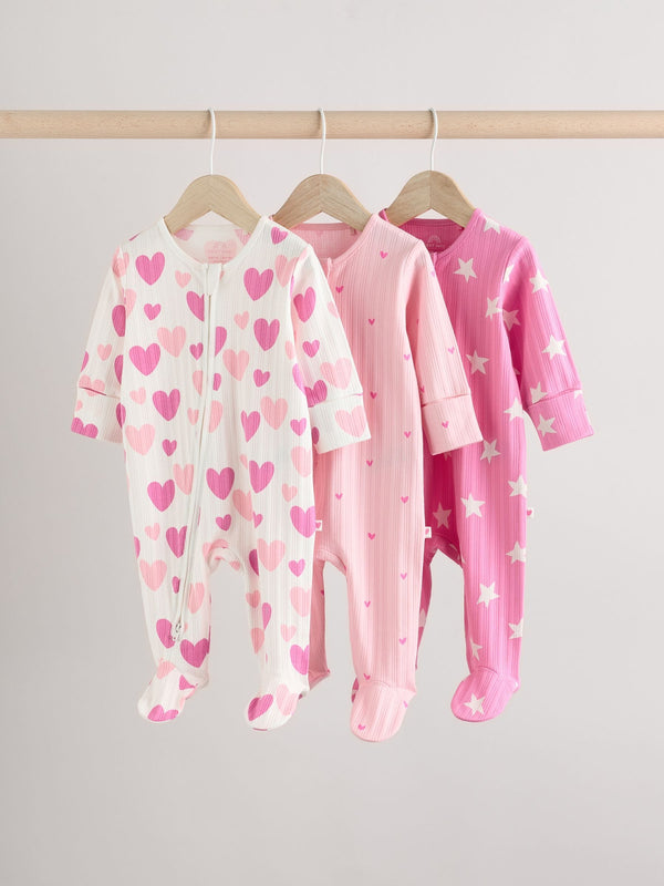 Pink Baby Pink Star Printed 100% Cotton Sleepsuit 3 Pack (0mths-2yrs)