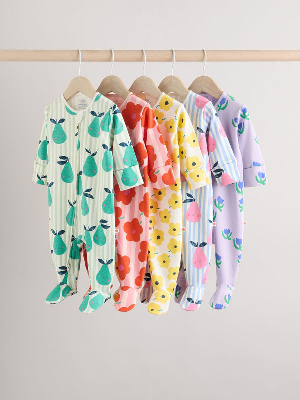 Multi Two Way Zip Baby 100% Fruit Cotton Sleepsuits 5 Pack (0mths-2yrs)