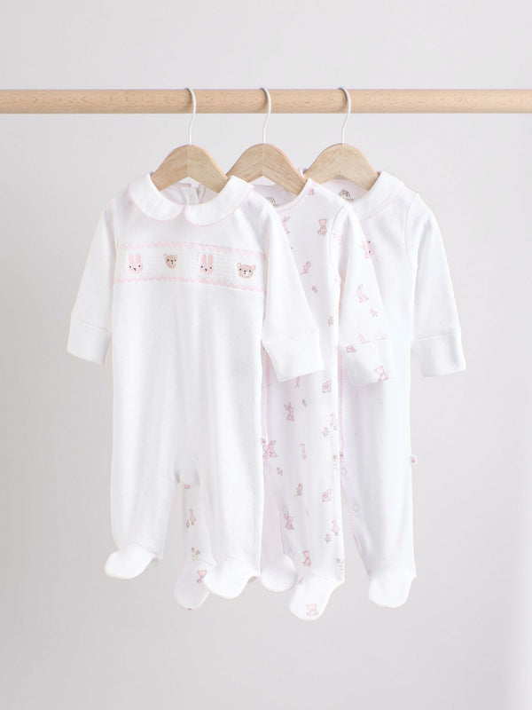 White Baby Collar 100% Cotton Sleepsuits 3 Pack